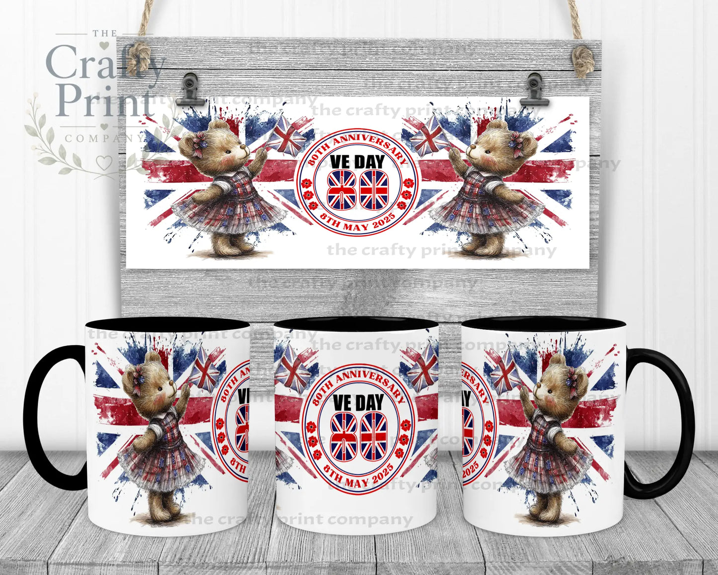 VE Day Girl Teddy Mug - Black Handle & Inner - Mugs