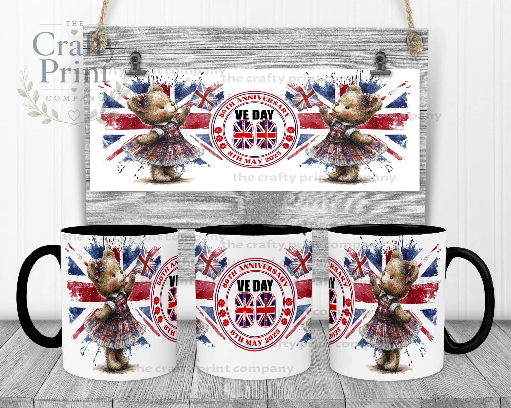 VE Day Girl Teddy Mug - Black Handle & Inner - Mugs
