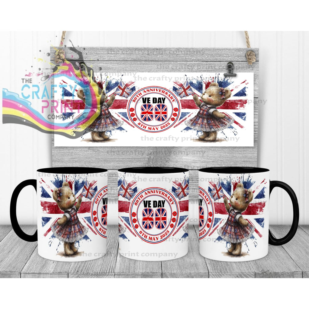 VE Day Girl Teddy Mug - Black Handle & Inner - Mugs