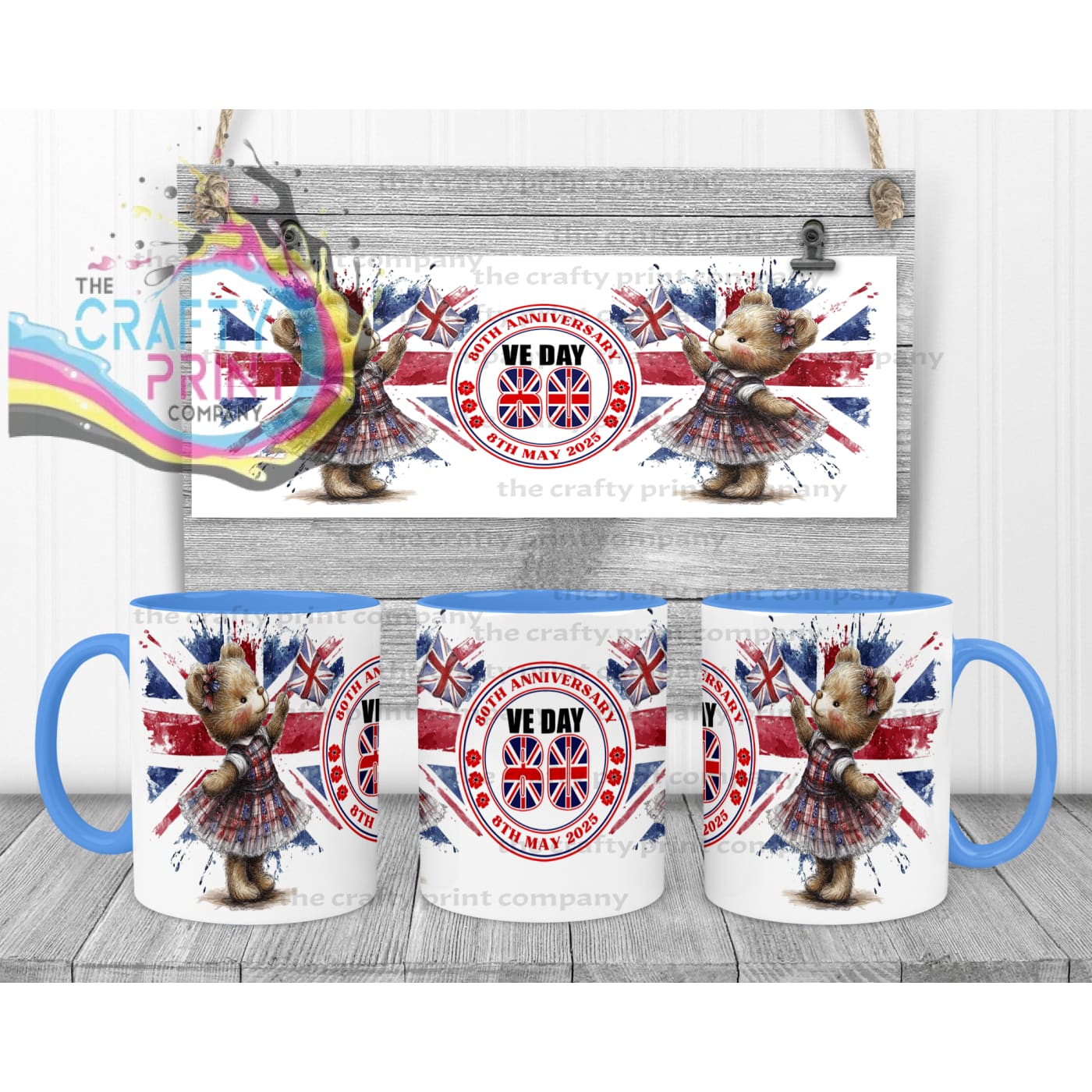 VE Day Girl Teddy Mug - Blue Handle & Inner - Mugs