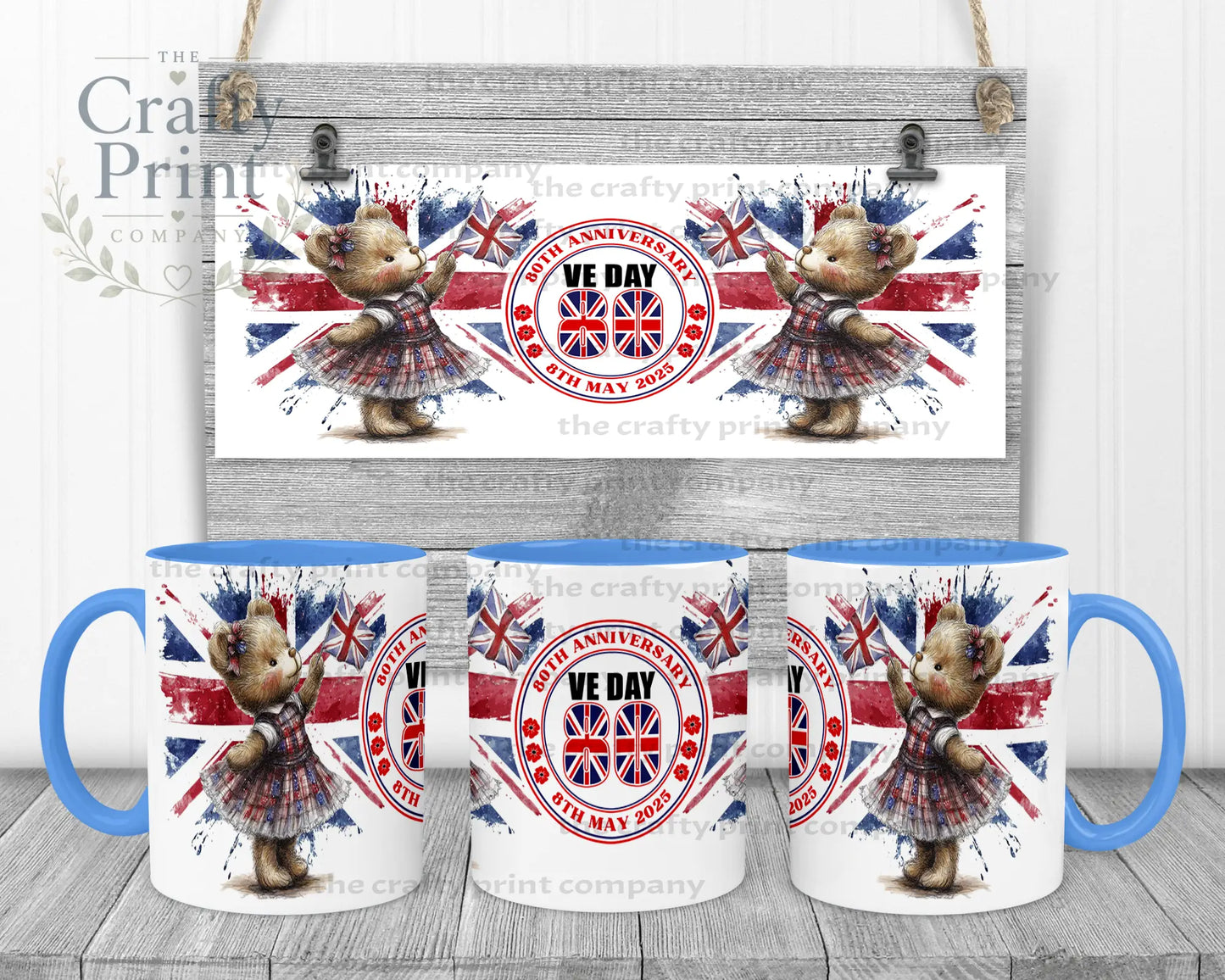 VE Day Girl Teddy Mug - Blue Handle & Inner - Mugs