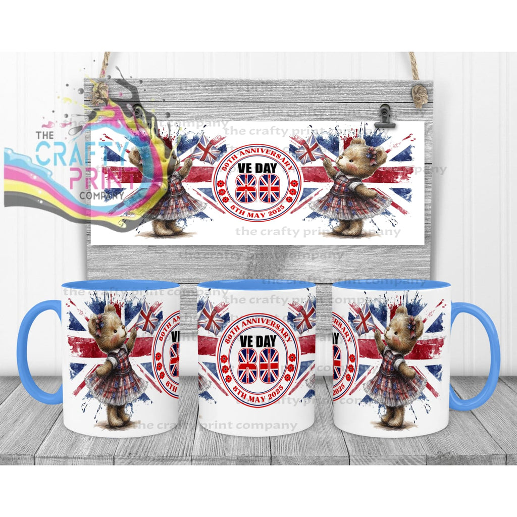 VE Day Girl Teddy Mug - Blue Handle & Inner - Mugs