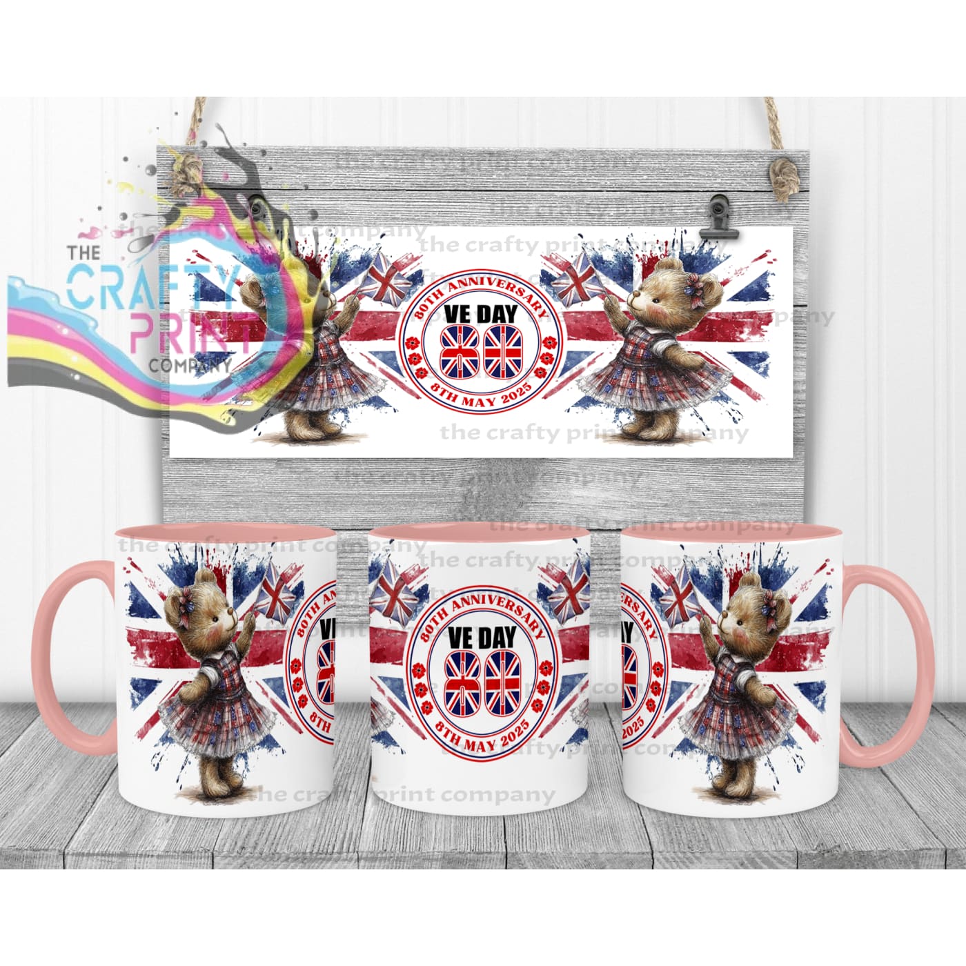 VE Day Girl Teddy Mug - Pink Handle & Inner - Mugs