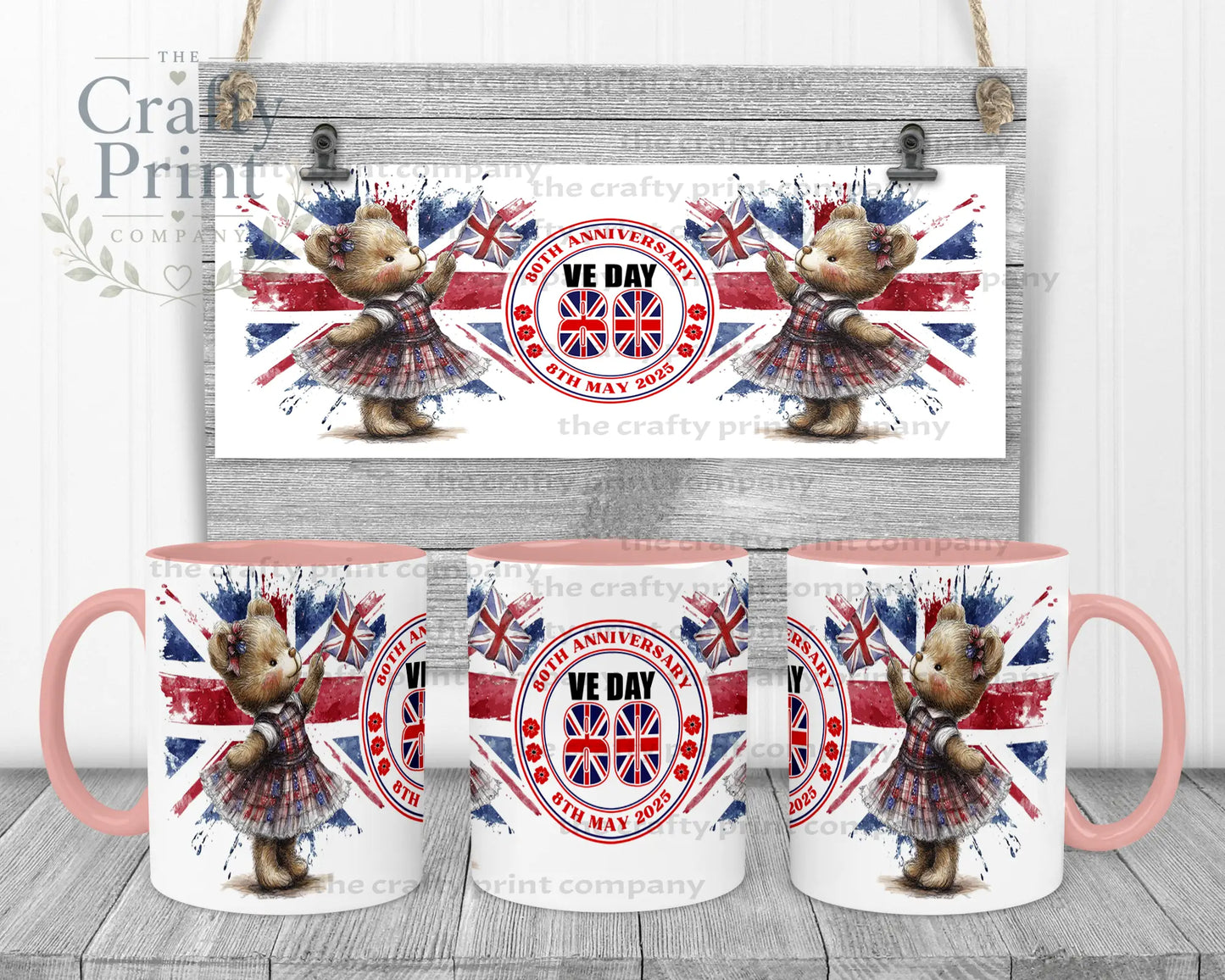 VE Day Girl Teddy Mug - Pink Handle & Inner - Mugs