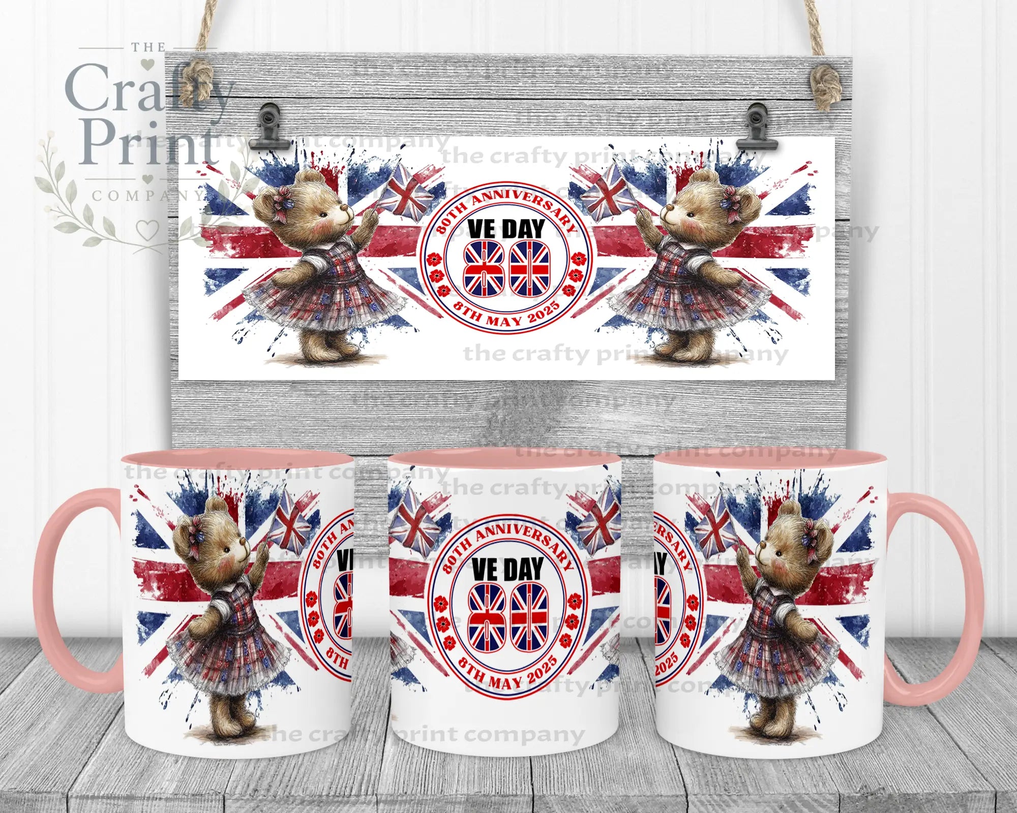 VE Day Girl Teddy Mug - Pink Handle & Inner - Mugs