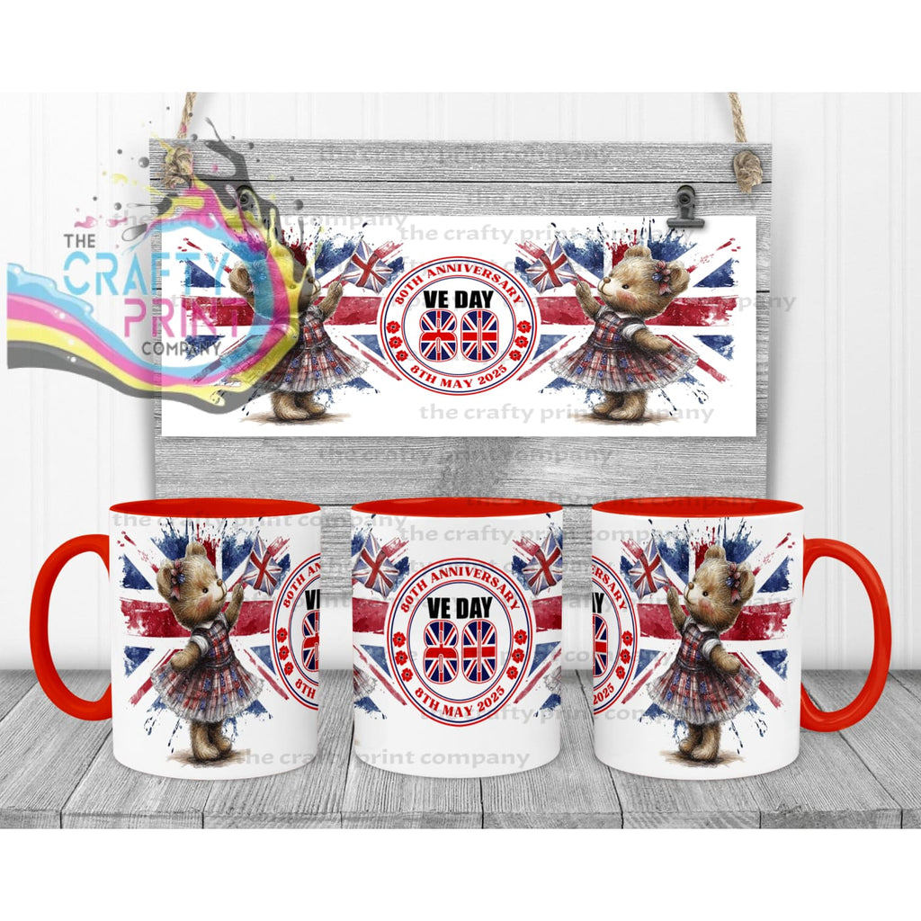 VE Day Girl Teddy Mug - Red Handle & Inner - Mugs