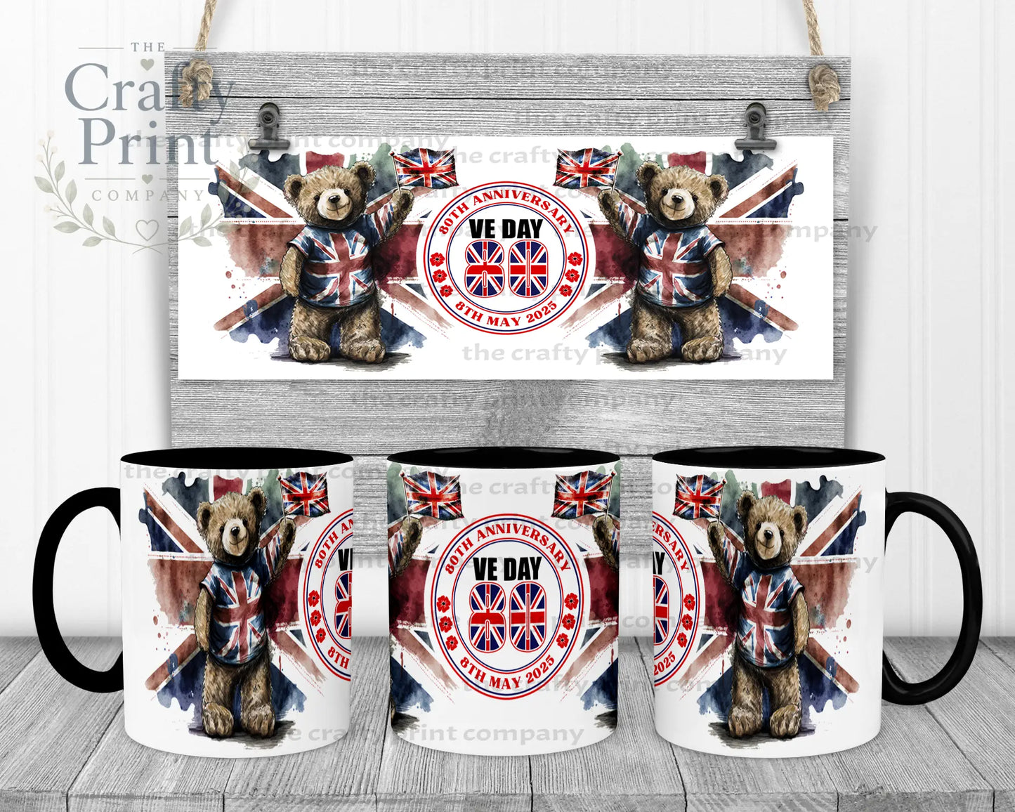 VE Day Teddy Mug - Black Handle & Inner - Mugs