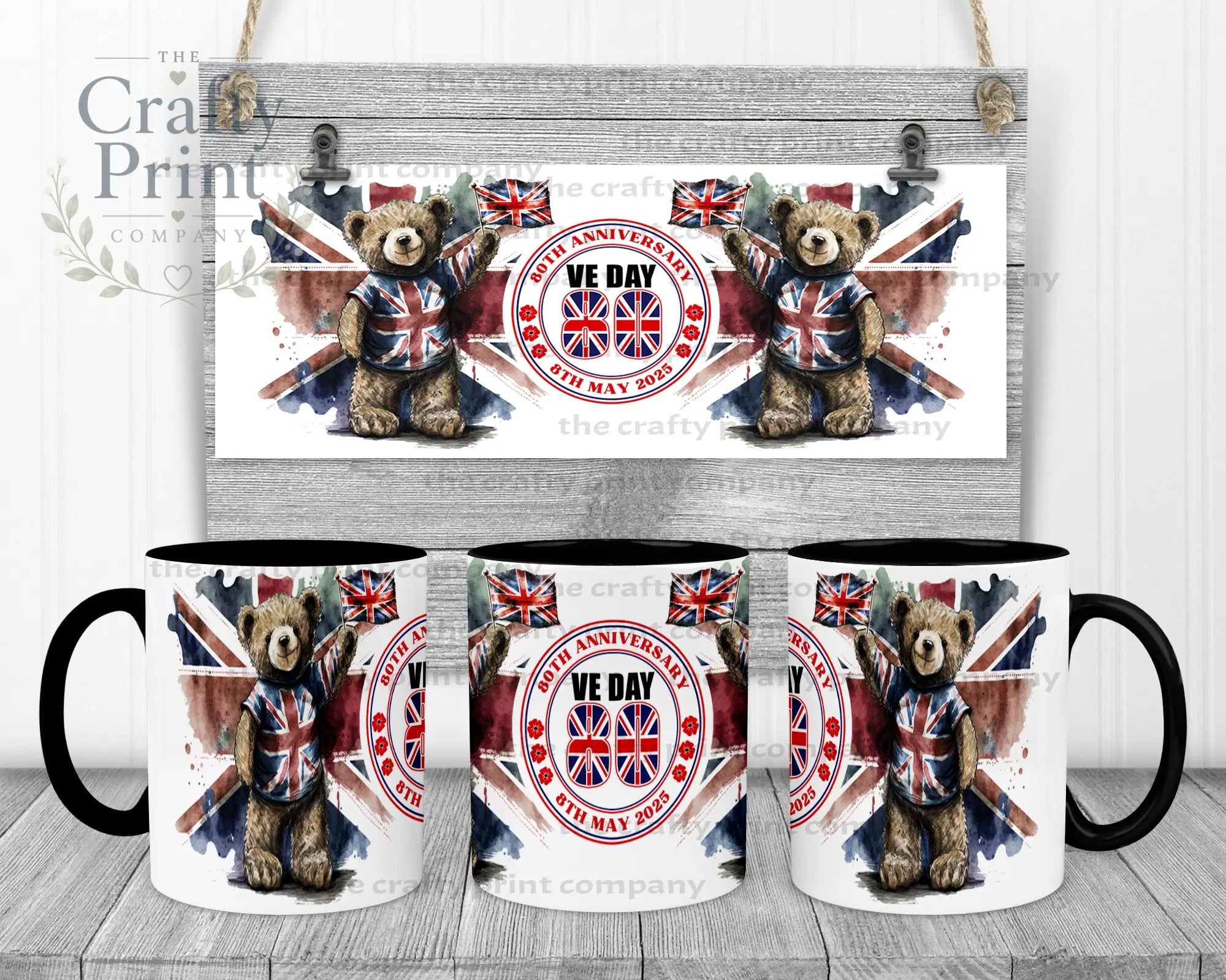 VE Day Teddy Mug - Black Handle & Inner - Mugs