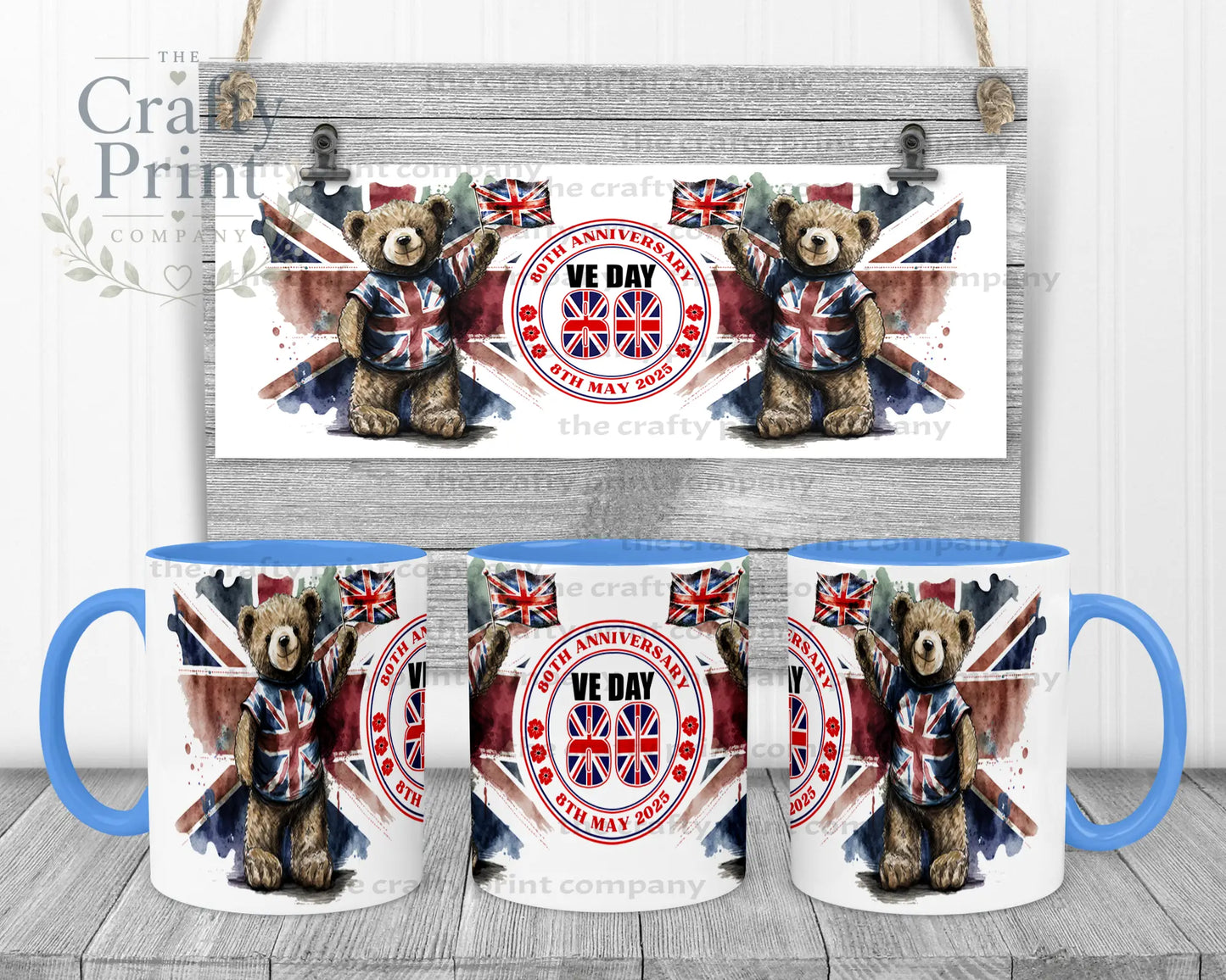 VE Day Teddy Mug - Blue Handle & Inner - Mugs