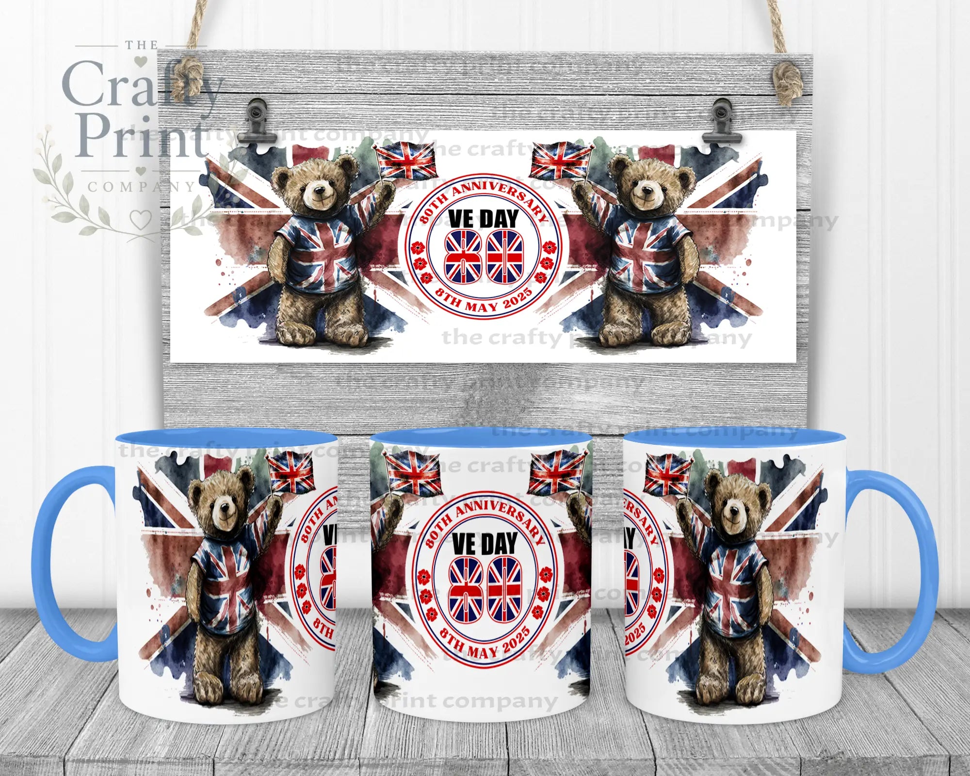 VE Day Teddy Mug - Blue Handle & Inner - Mugs