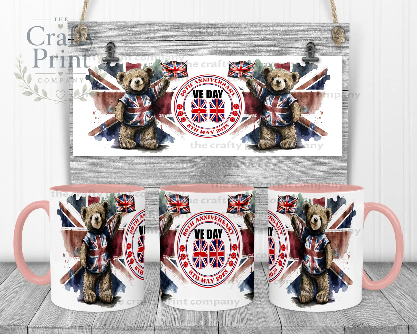 VE Day Teddy Mug - Pink Handle & Inner - Mugs