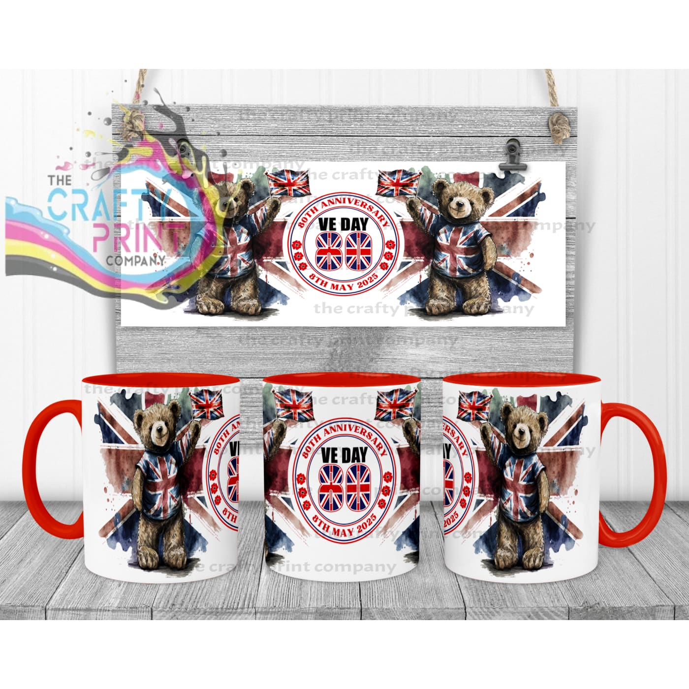 VE Day Teddy Mug - Red Handle & Inner - Mugs
