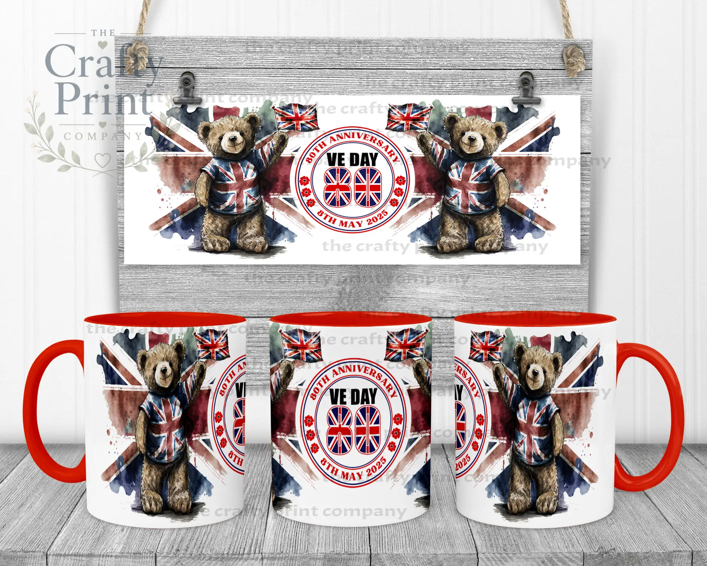 VE Day Teddy Mug - Red Handle & Inner - Mugs