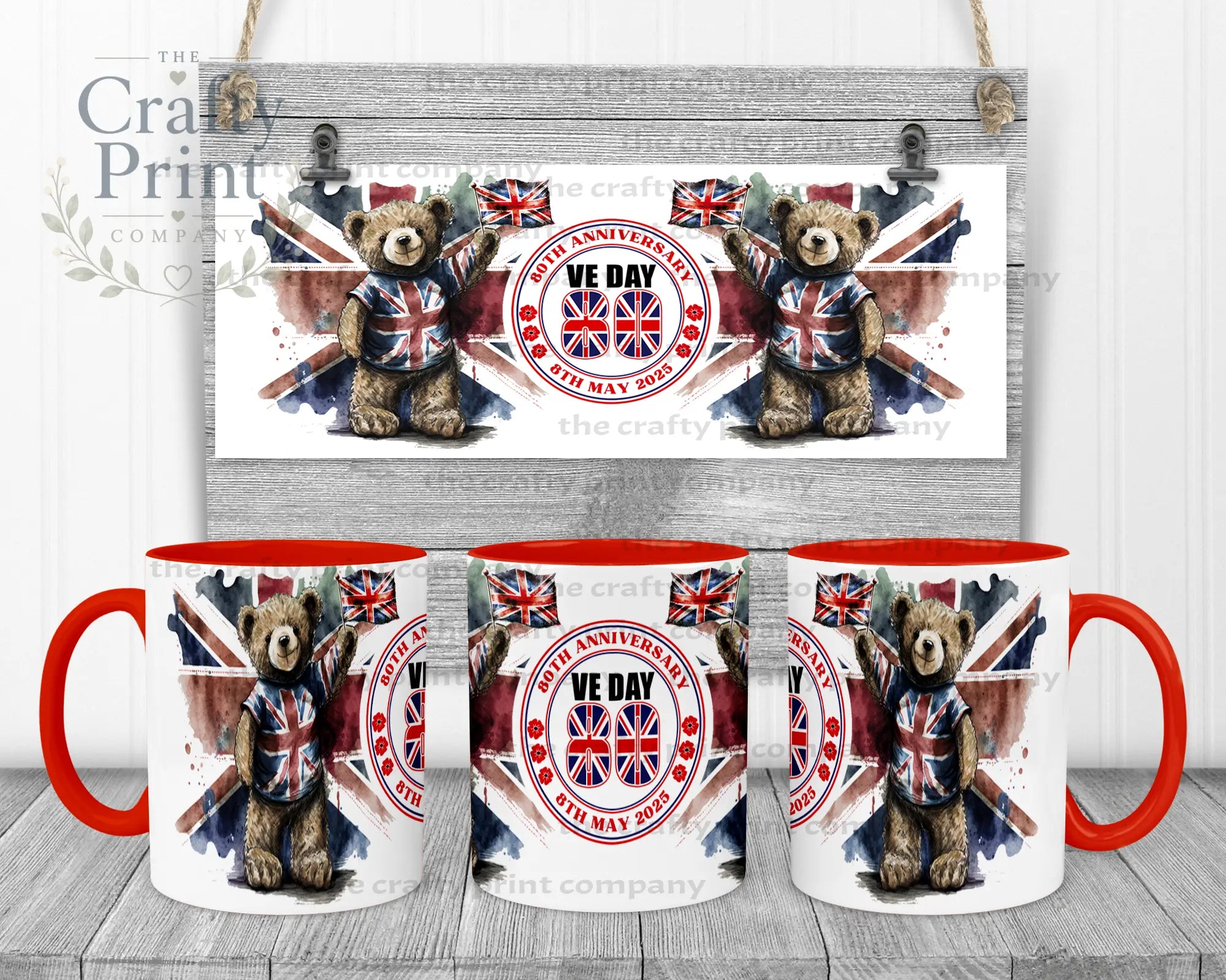 VE Day Teddy Mug - Red Handle & Inner - Mugs
