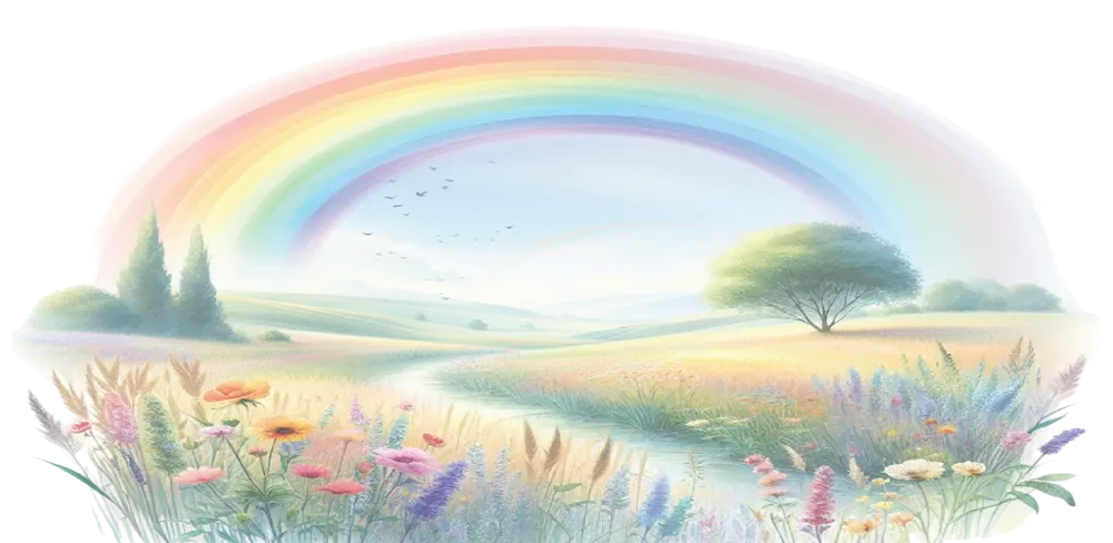 A vibrant, arched rainbow spans a serene pastoral landscape with rolling hills and colorful wildflowers.