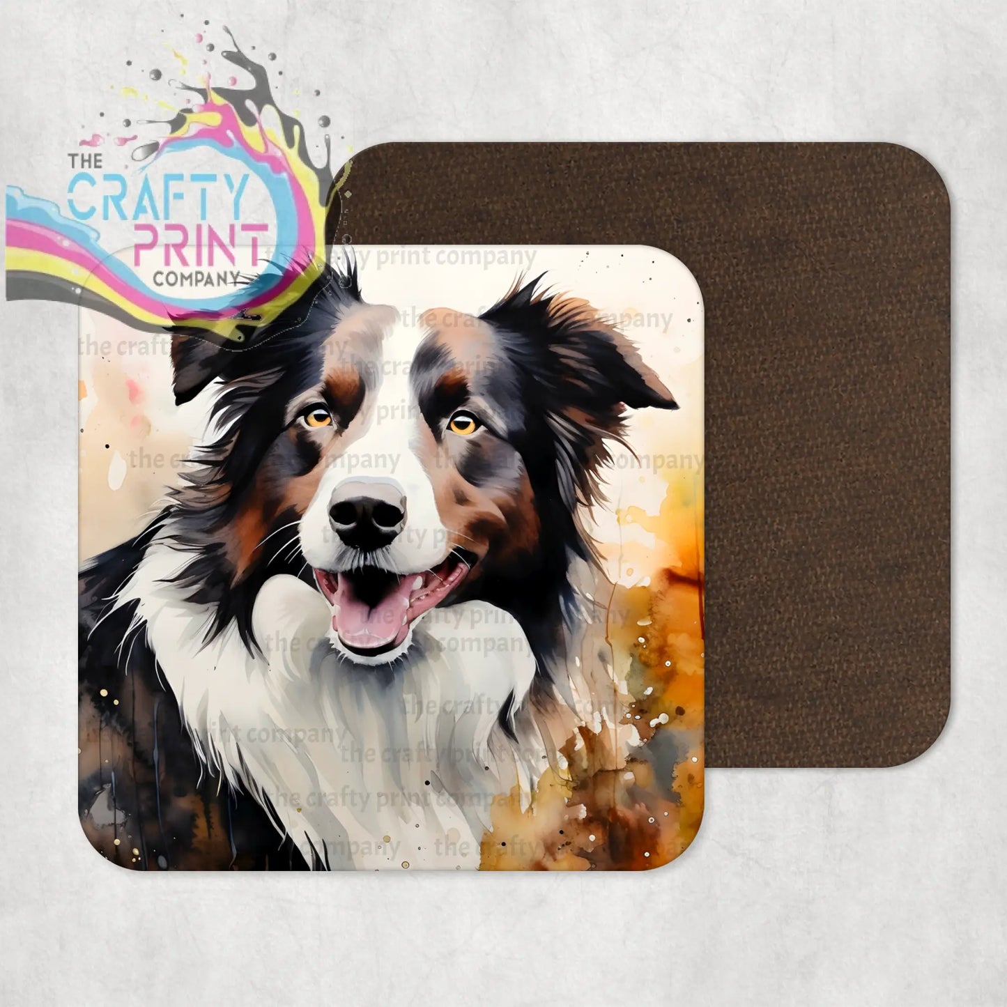 Square border collie coaster with vibrant watercolour illustration of black white and tan Australian shepherd on orange background