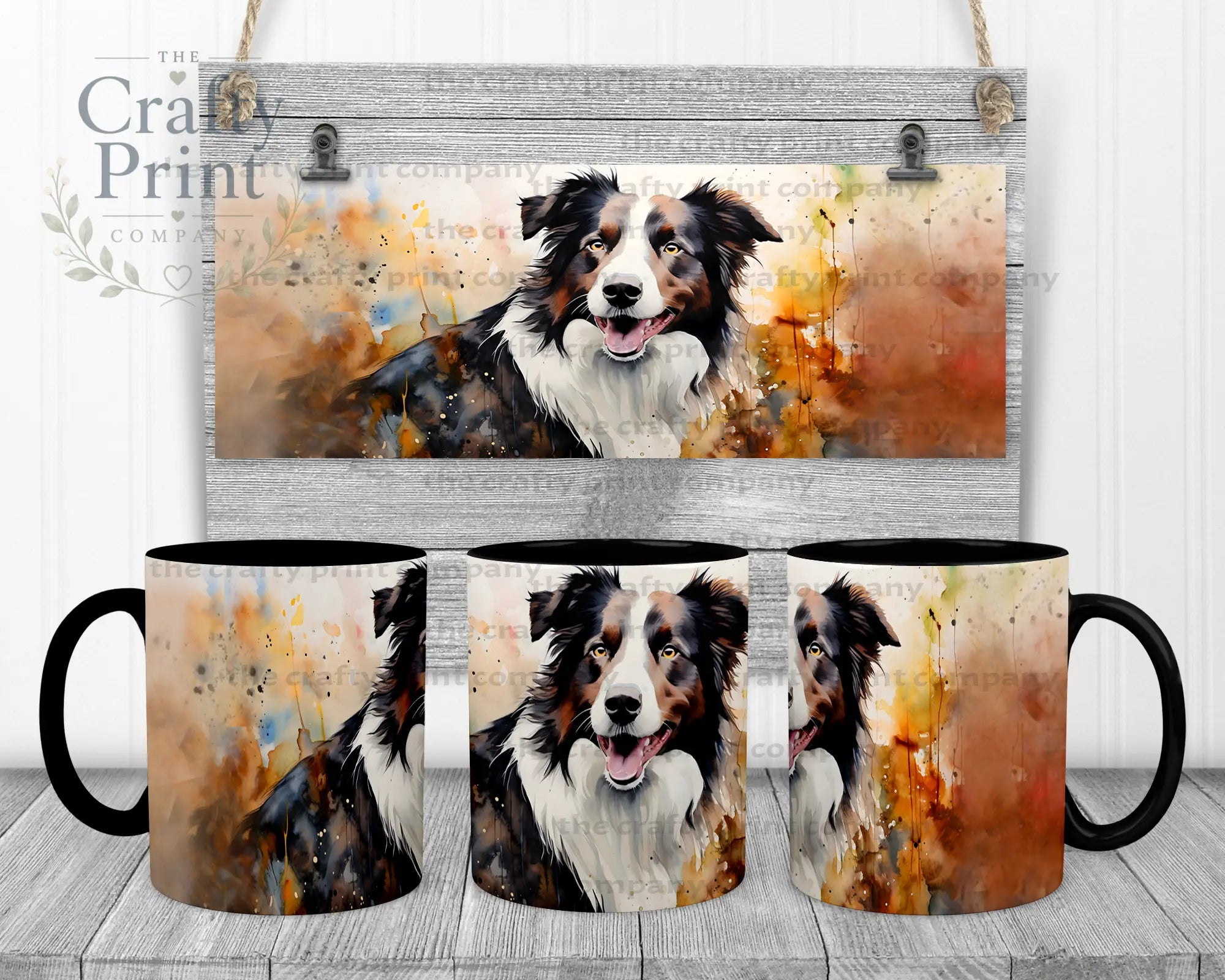 Watercolour Border Collie Mug - Black Handle & Inner - Mugs