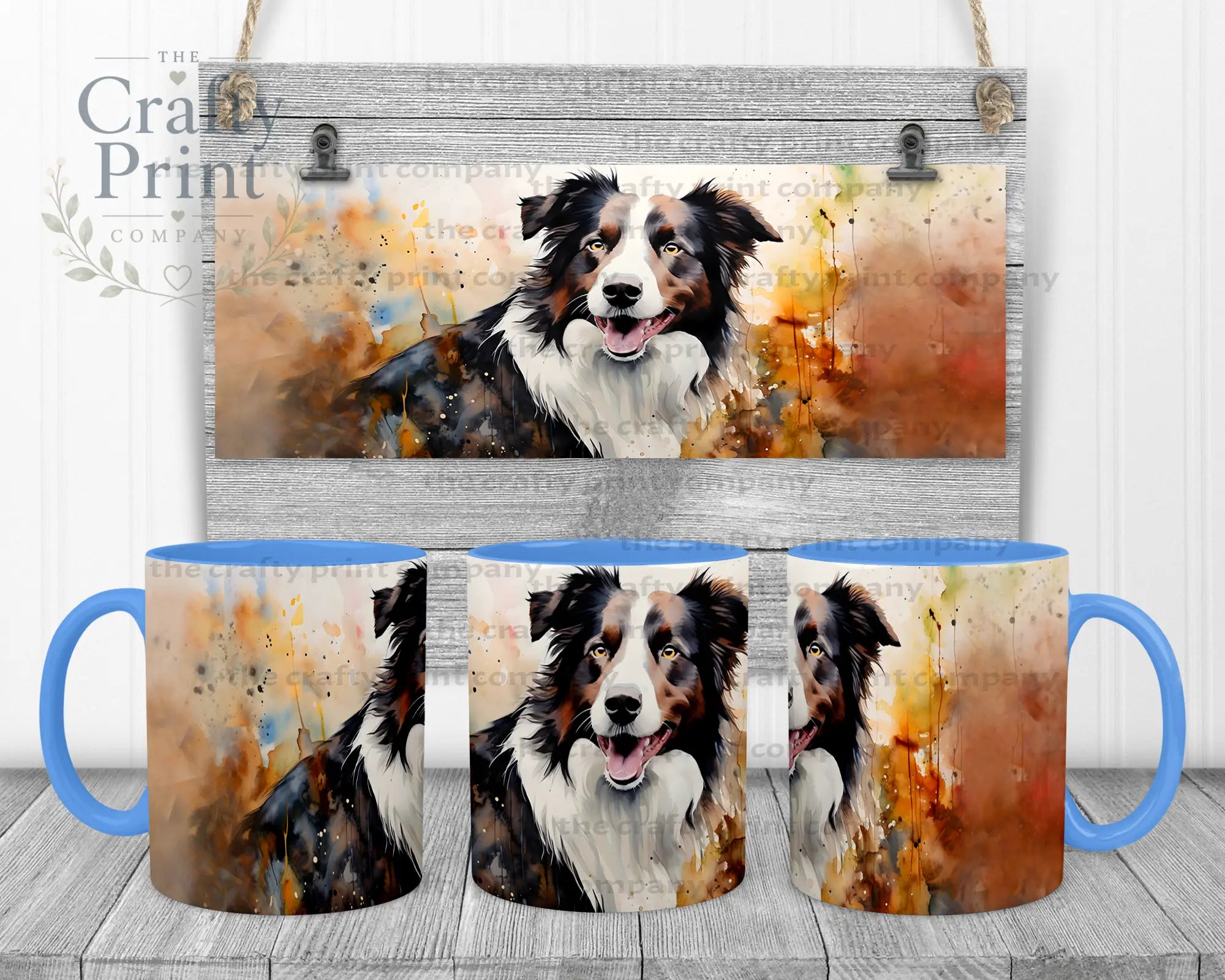 Watercolour Border Collie Mug - Blue Handle & Inner - Mugs