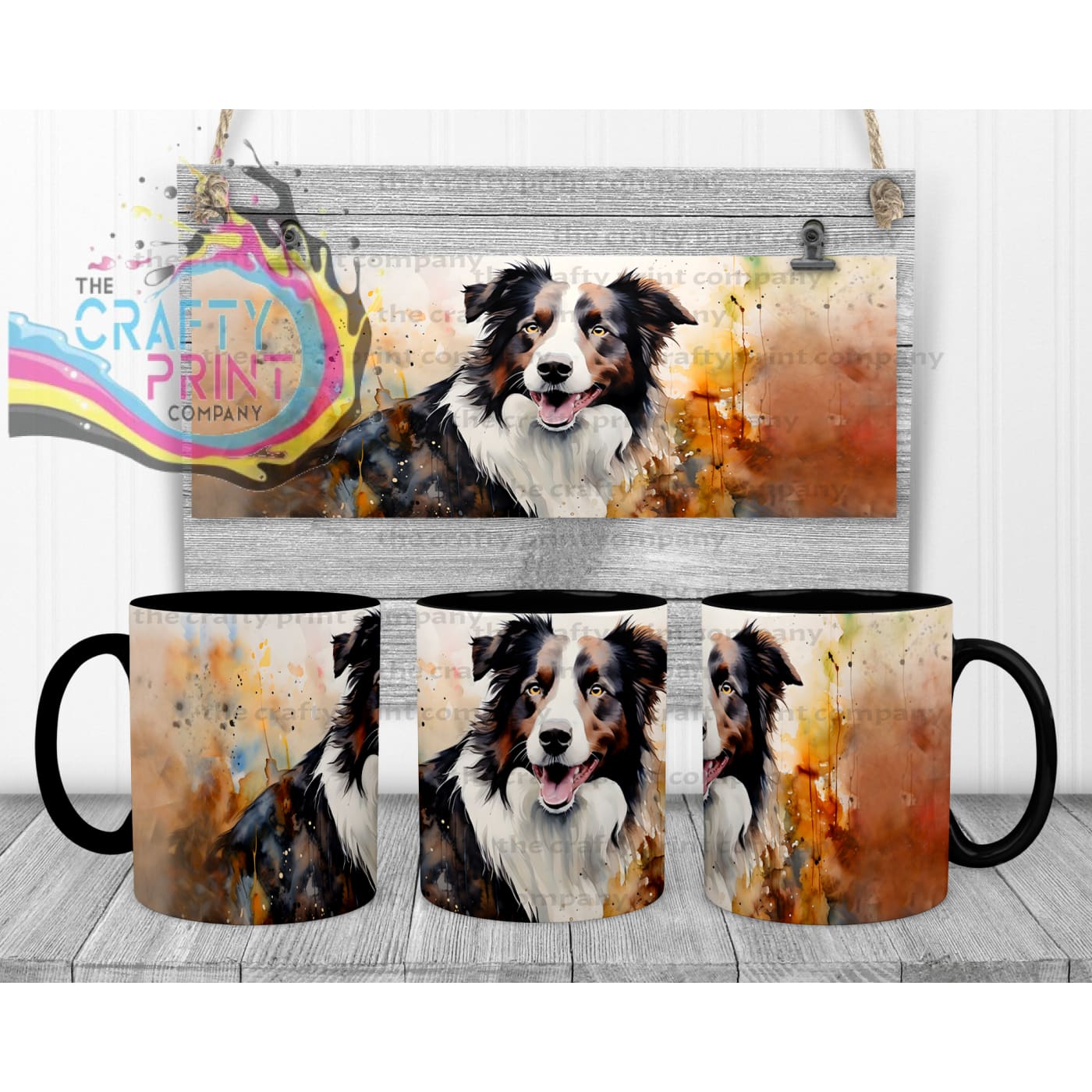 Watercolour Border Collie Mug - Black Handle & Inner - Mugs