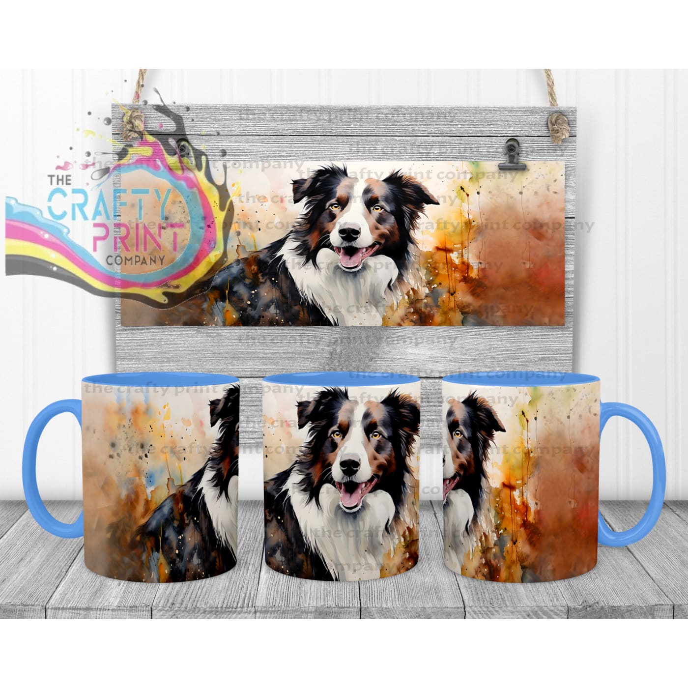 Watercolour Border Collie Mug - Blue Handle & Inner - Mugs
