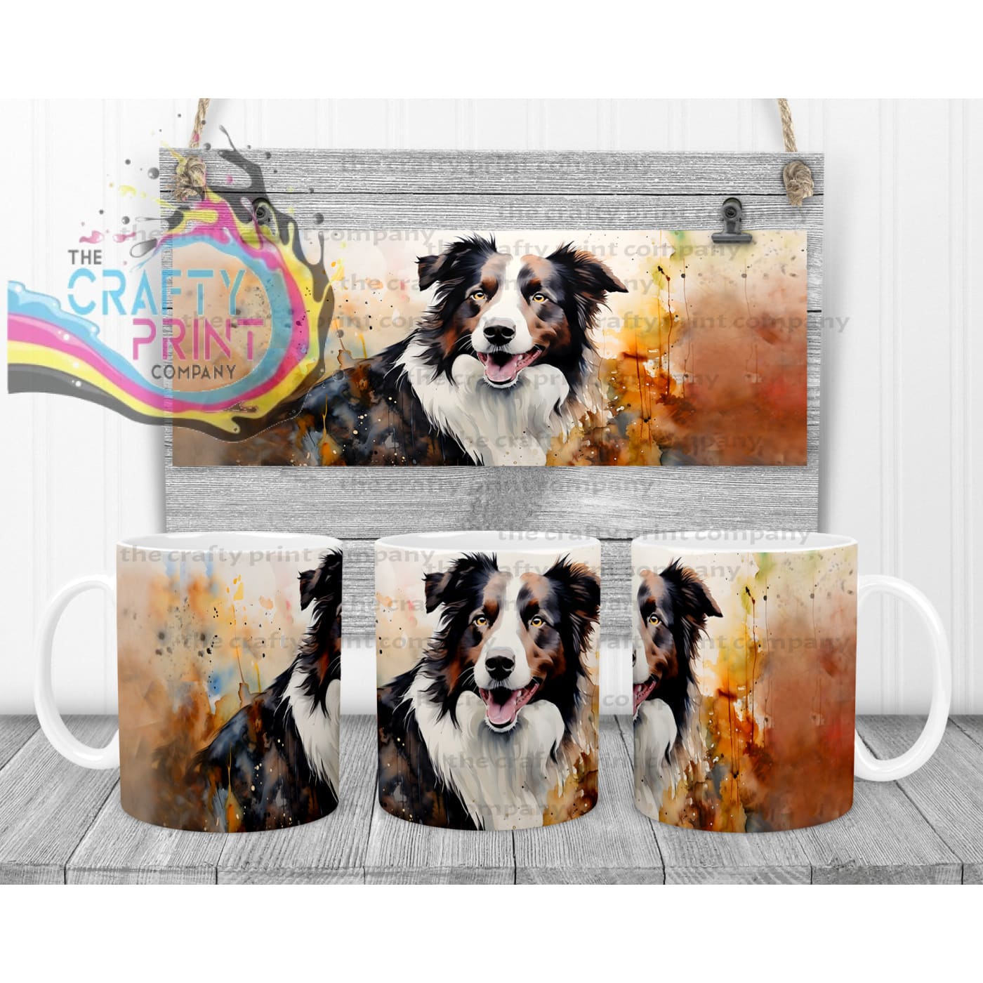 Watercolour Border Collie Mug - White Handle & Inner - Mugs