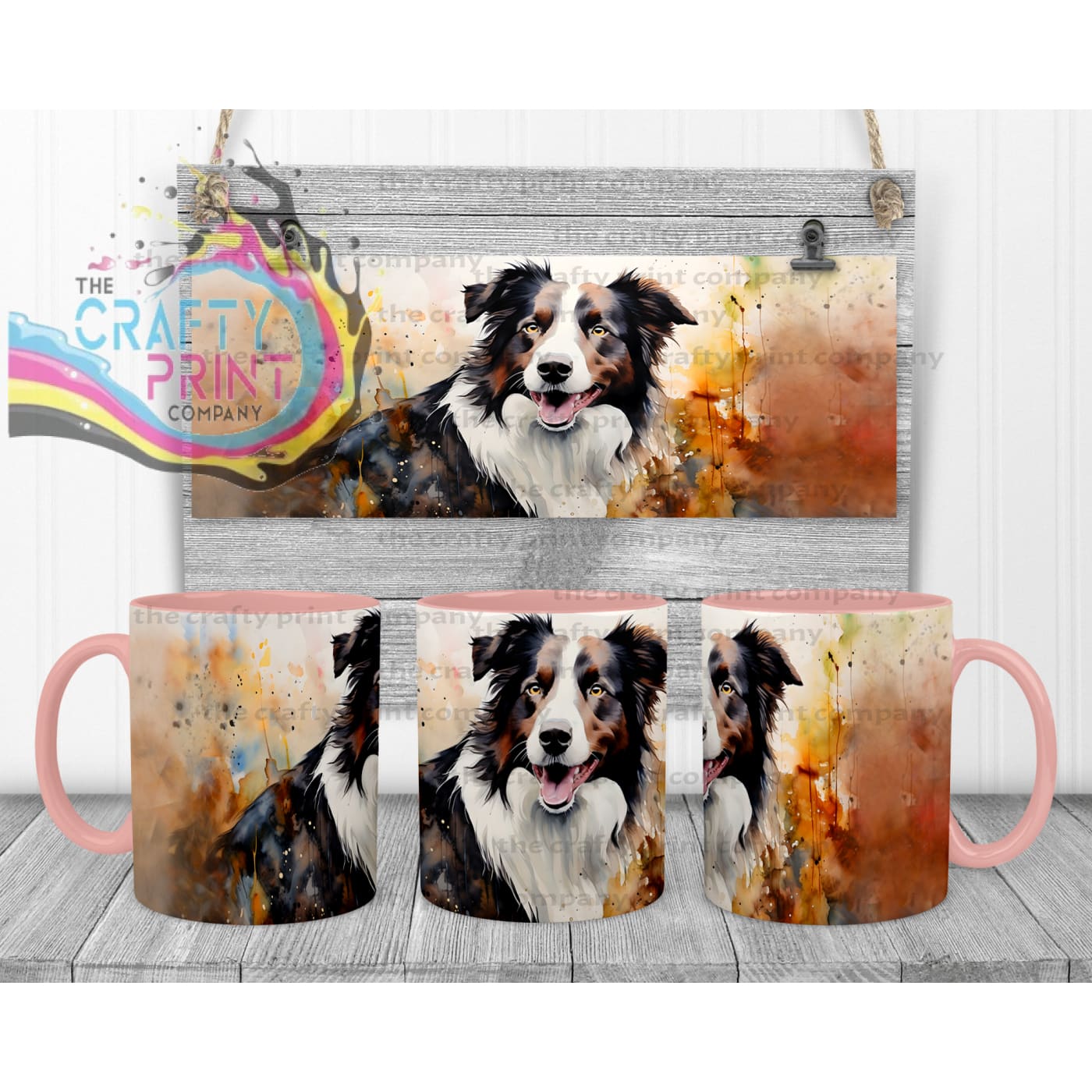 Watercolour Border Collie Mug - Pink Handle & Inner - Mugs