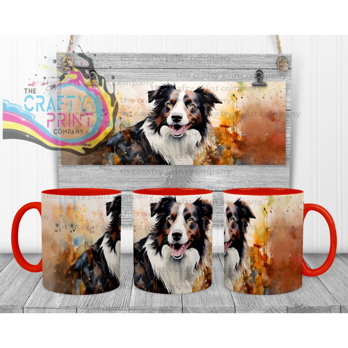 Watercolour Border Collie Mug - Red Handle & Inner - Mugs