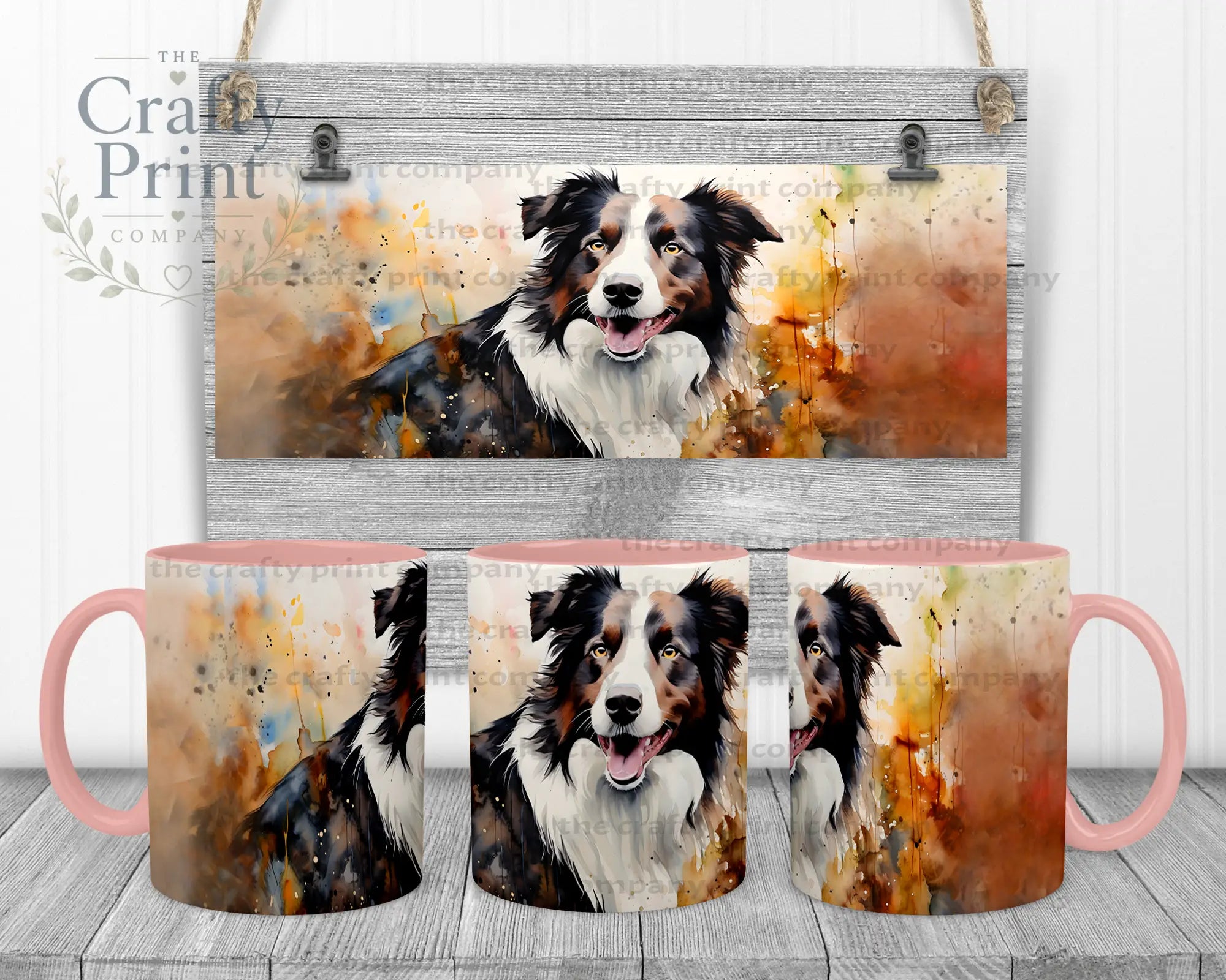 Watercolour Border Collie Mug - Pink Handle & Inner - Mugs