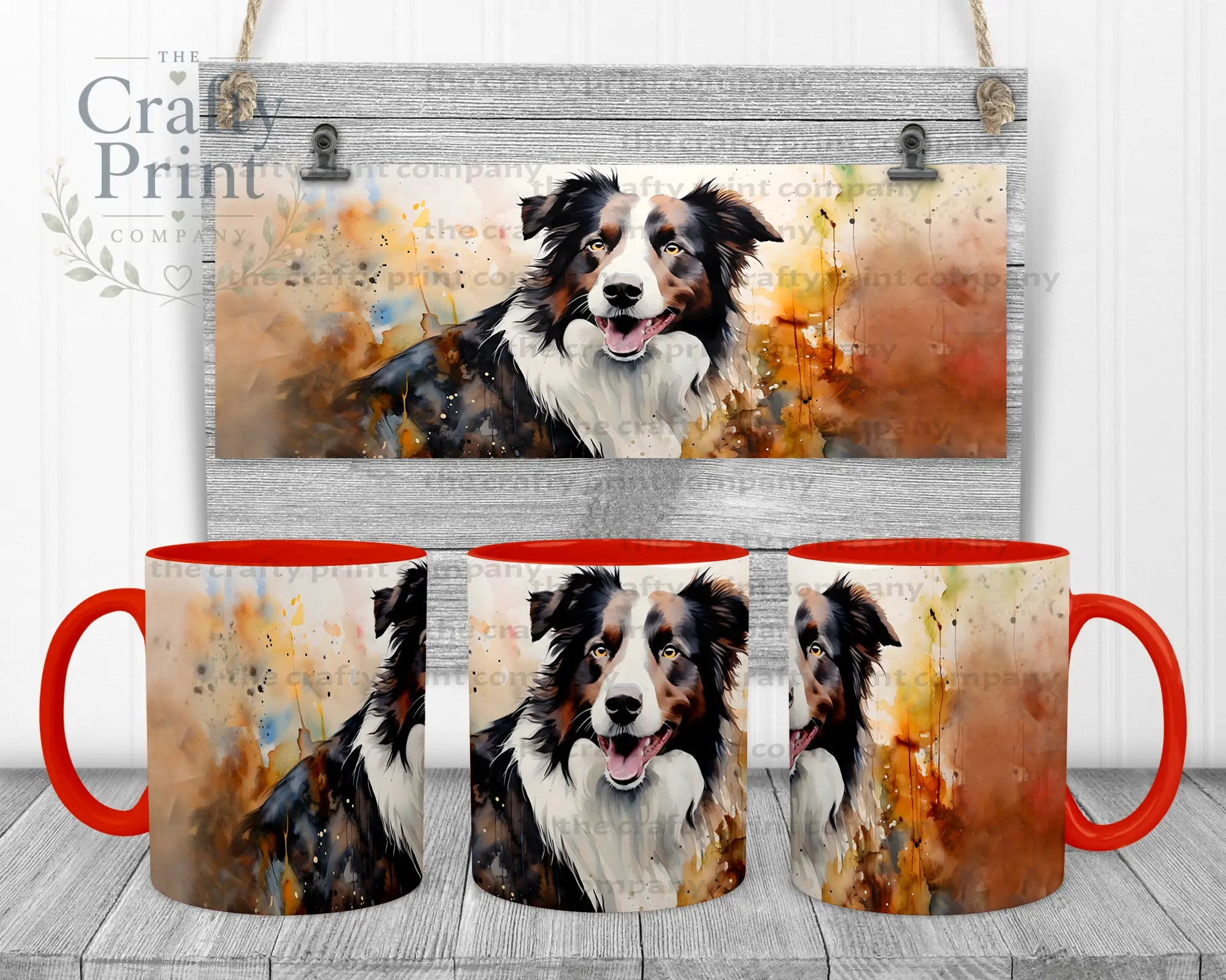 Watercolour Border Collie Mug - Red Handle & Inner - Mugs