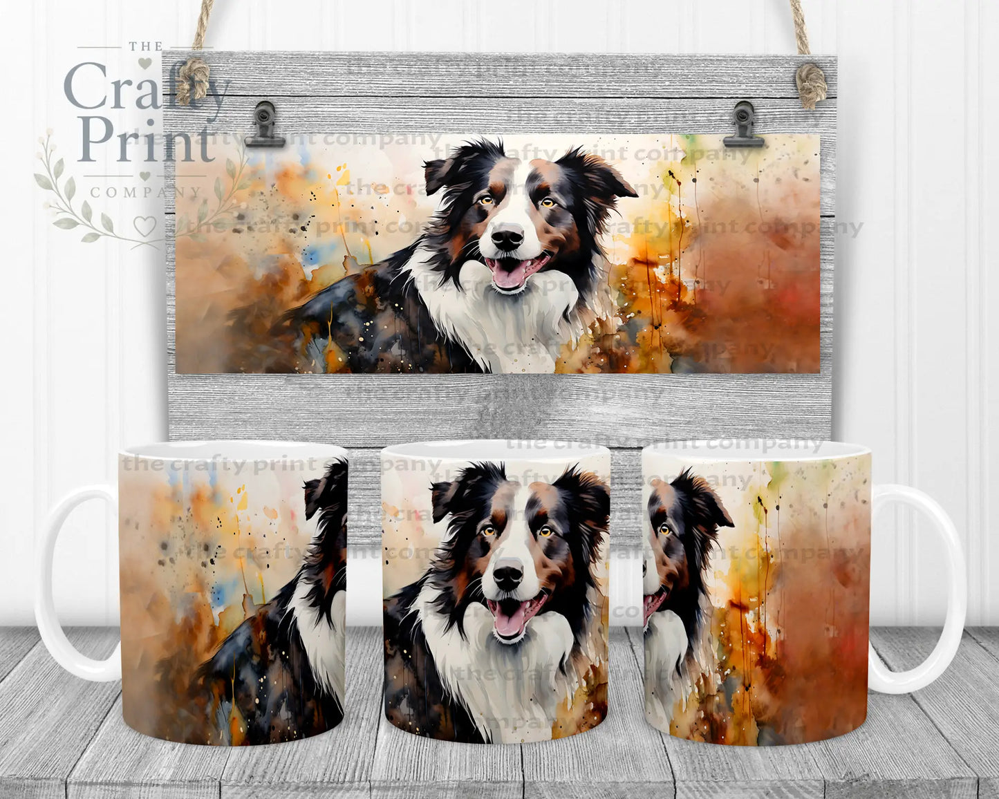 Watercolour Border Collie Mug - White Handle & Inner - Mugs