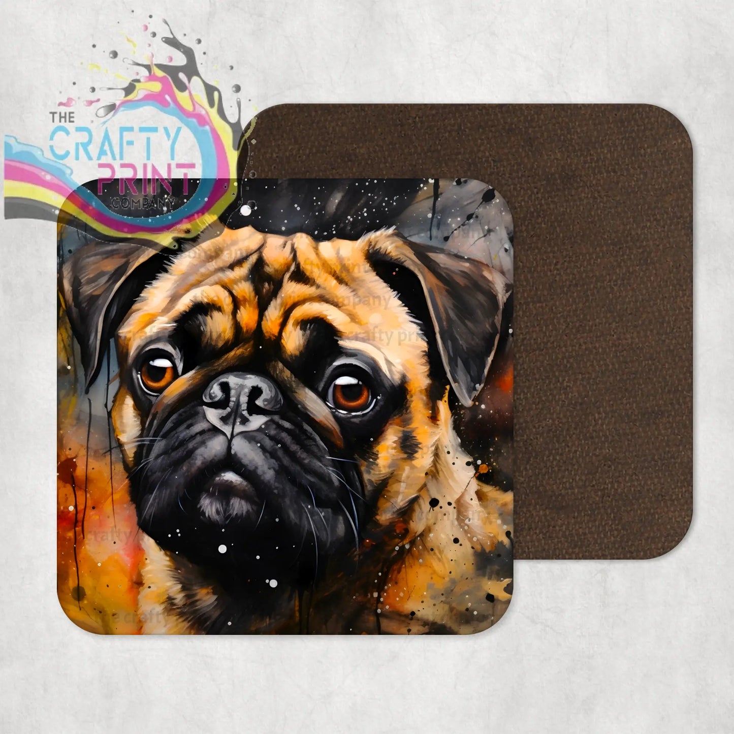 Square high gloss pug coaster with vibrant watercolour painting of fawn pug against cosmic background