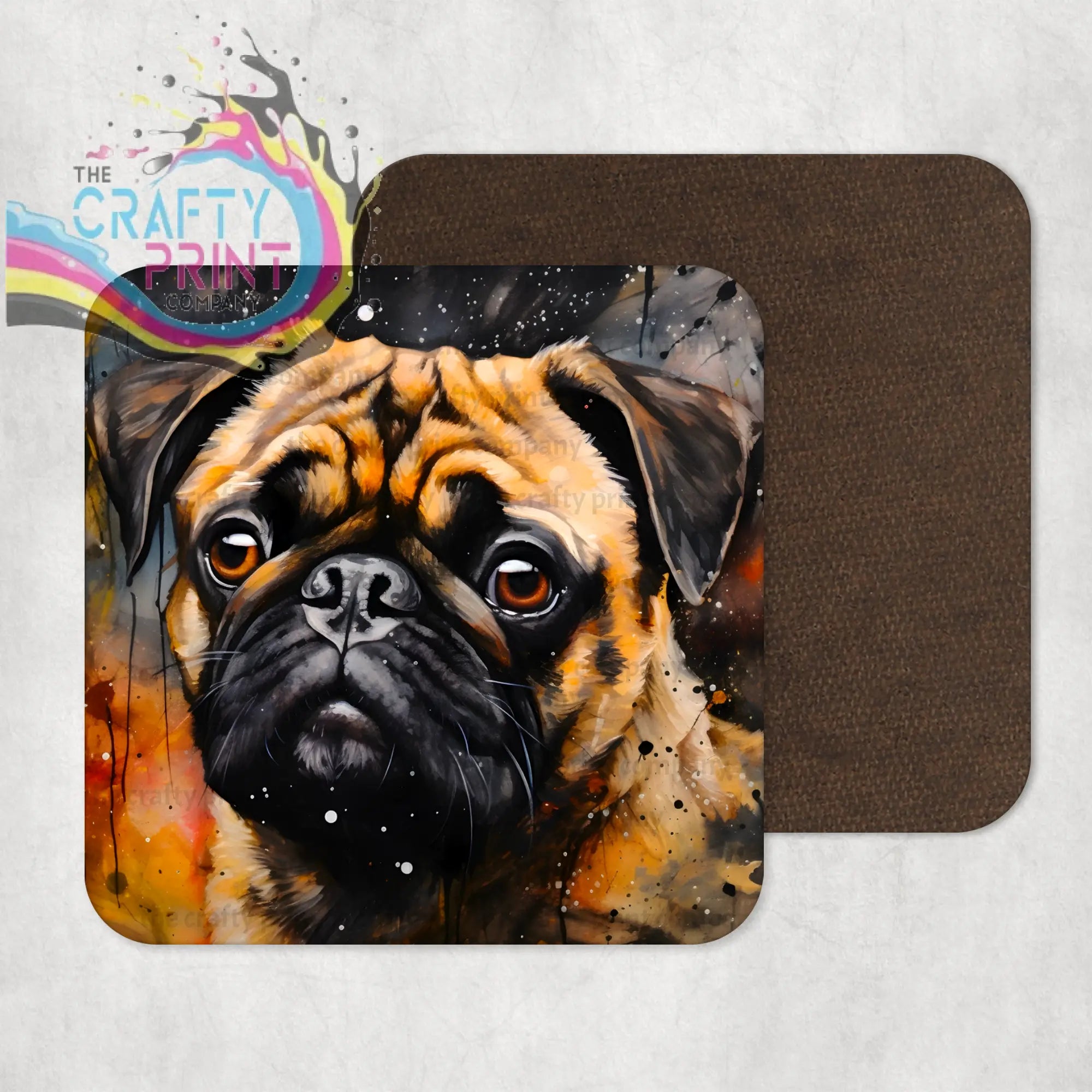 Square high gloss pug coaster with vibrant watercolour painting of fawn pug against cosmic background