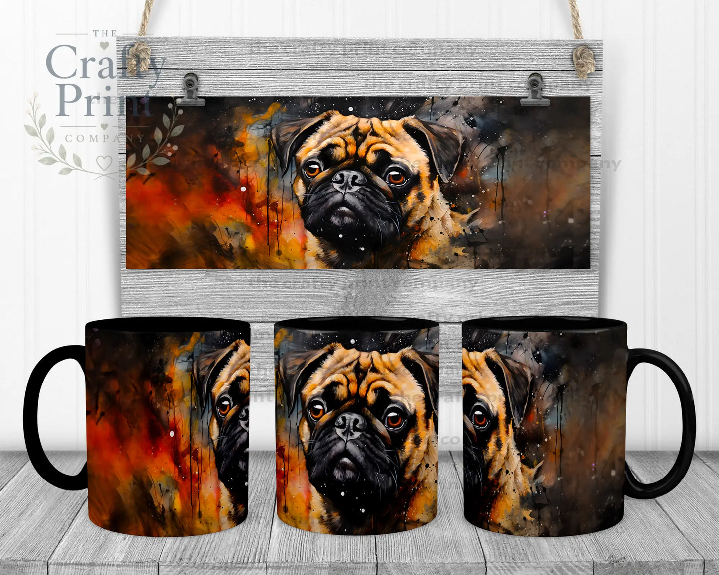 Watercolour Pug Mug - Black Handle & Inner - Mugs