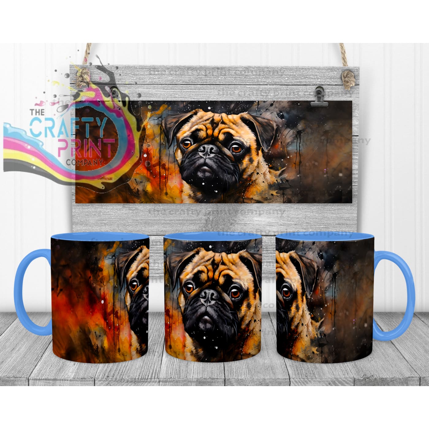 Watercolour Pug Mug - Blue Handle & Inner - Mugs
