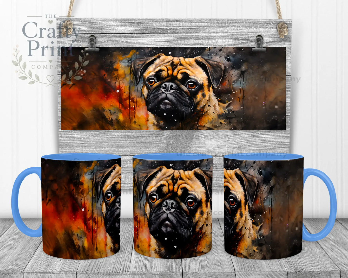 Watercolour Pug Mug - Blue Handle & Inner - Mugs