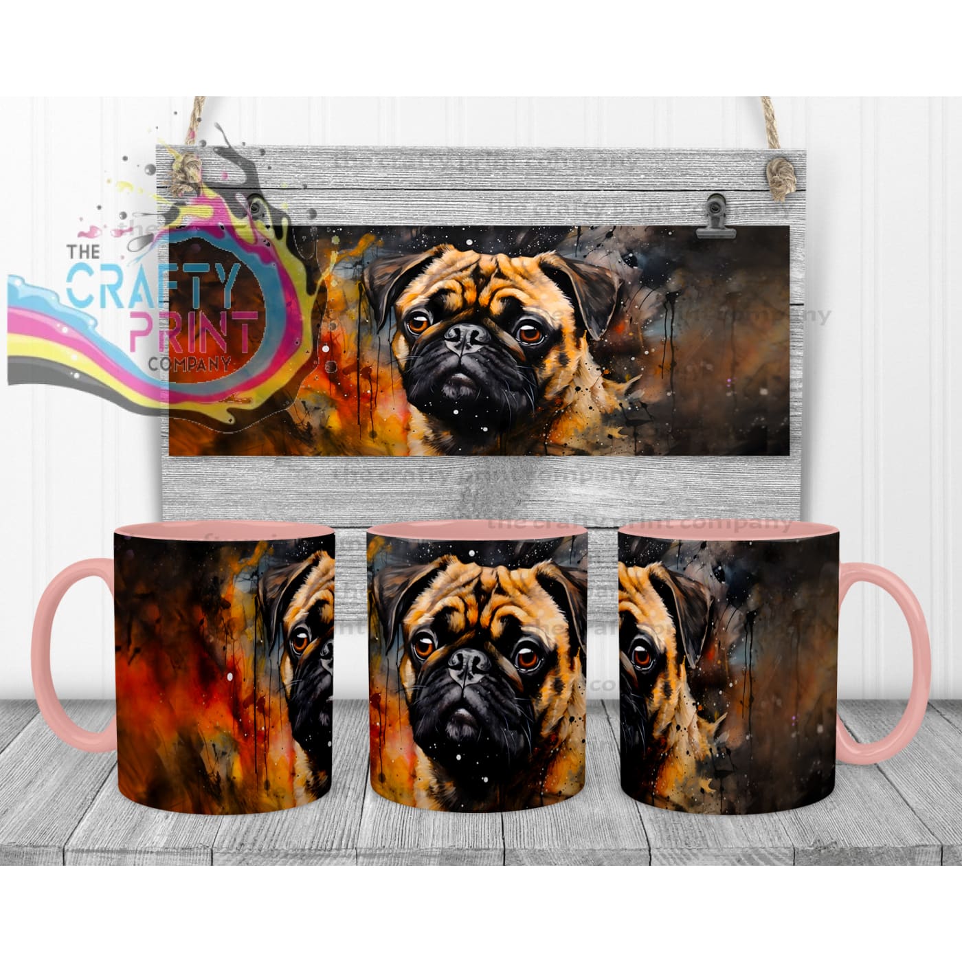 Watercolour Pug Mug - Pink Handle & Inner - Mugs