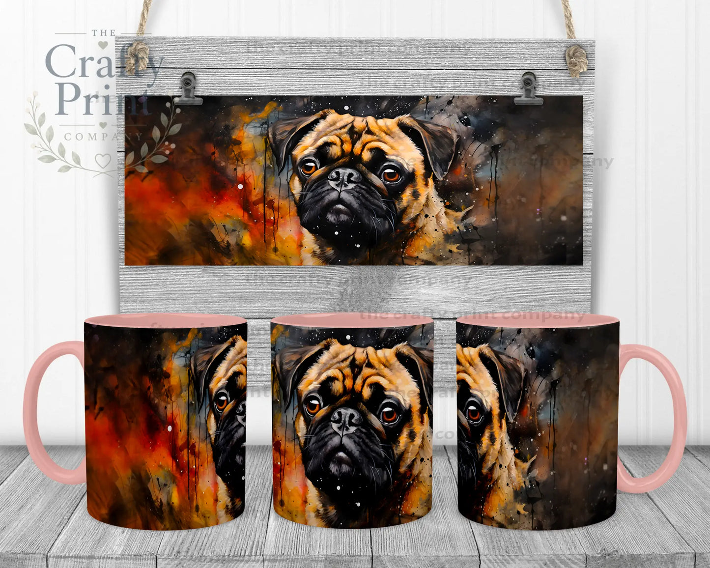 Watercolour Pug Mug - Pink Handle & Inner - Mugs