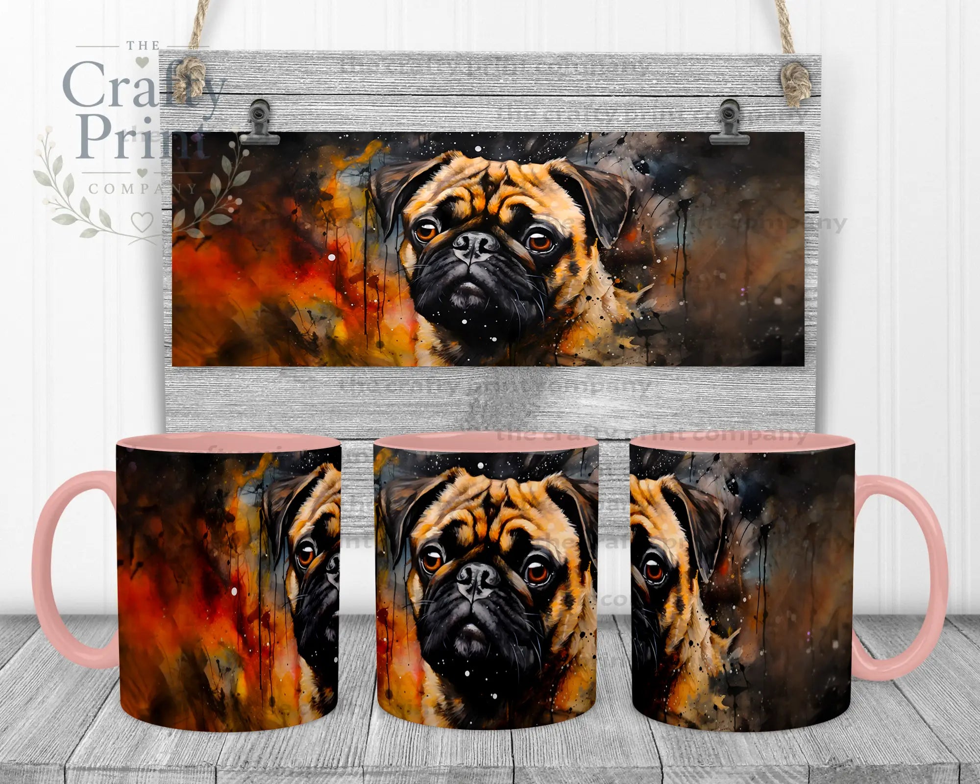 Watercolour Pug Mug - Pink Handle & Inner - Mugs