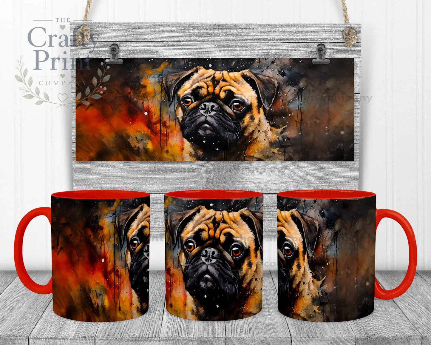 Watercolour Pug Mug - Red Handle & Inner - Mugs