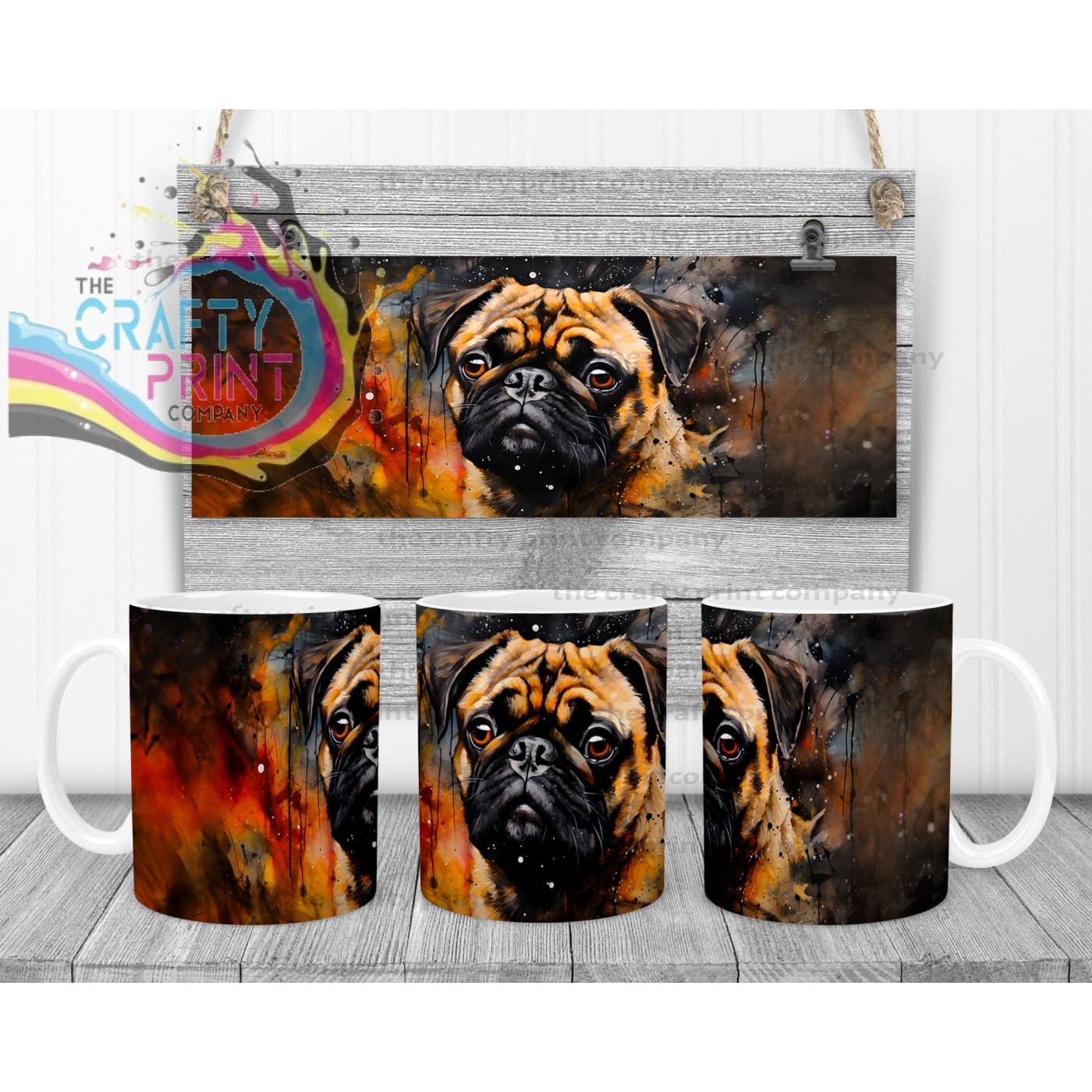 Watercolour Pug Mug - White Handle & Inner - Mugs
