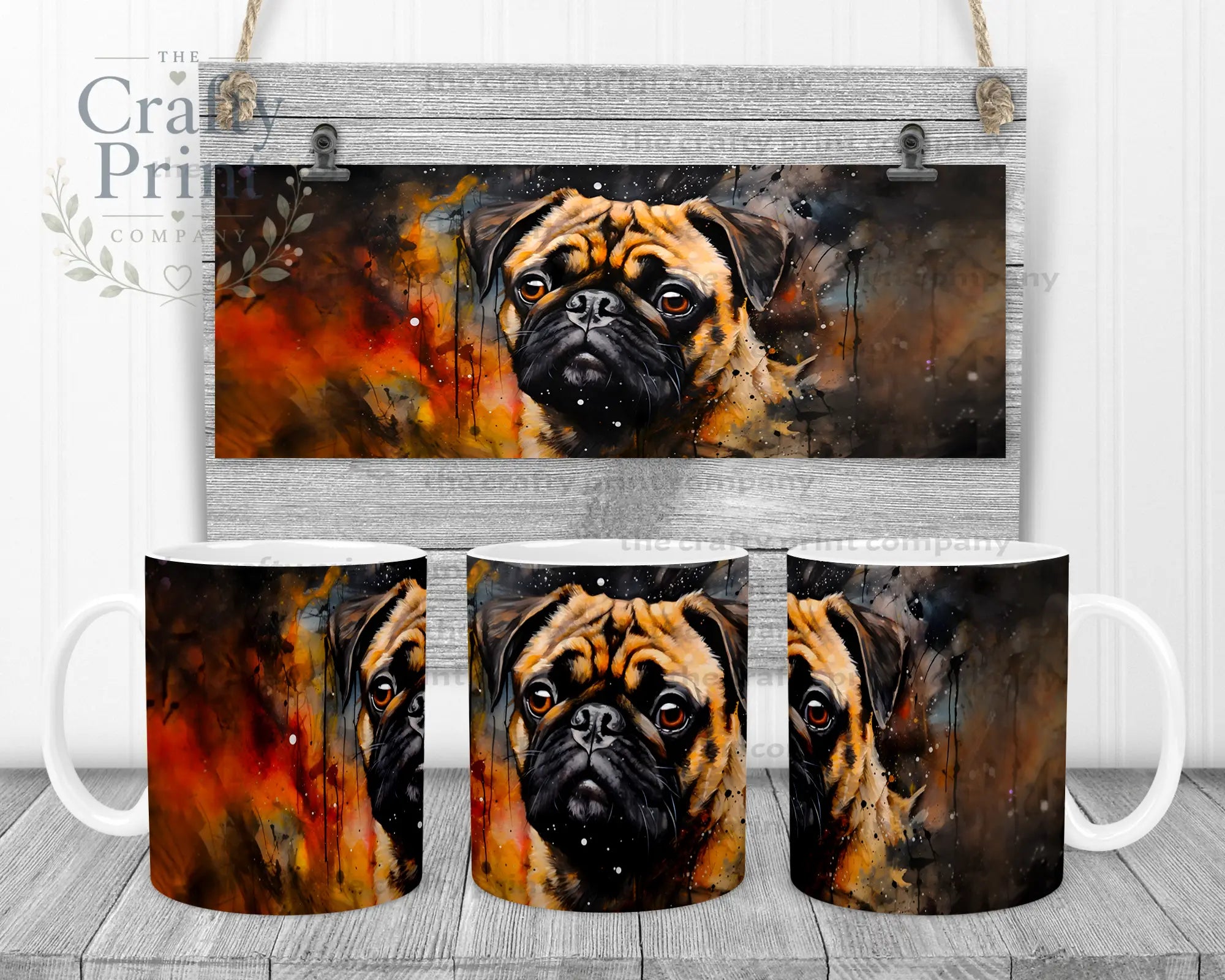 Watercolour Pug Mug - White Handle & Inner - Mugs