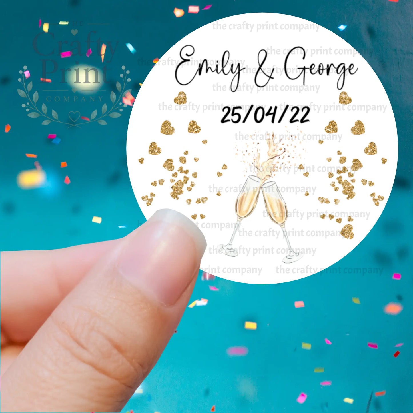 Wedding Champagne Hearts Printed Sticker - Decorative