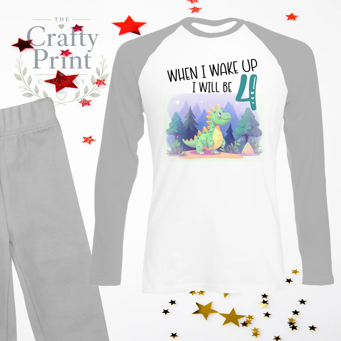 When I wake up will be 4 Dinosaur Birthday Pyjamas Grey / 6