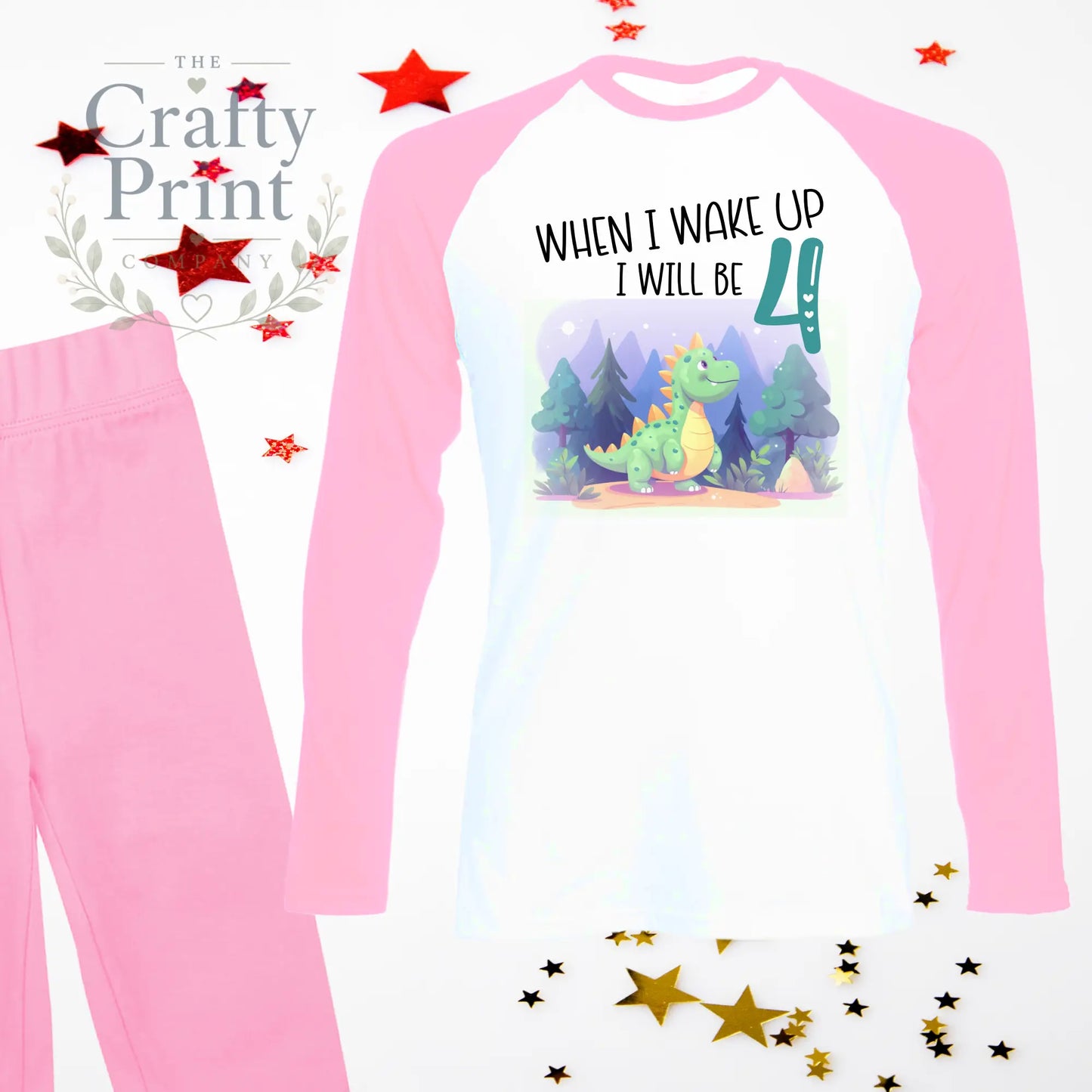 When I wake up will be 4 Dinosaur Birthday Pyjamas Light