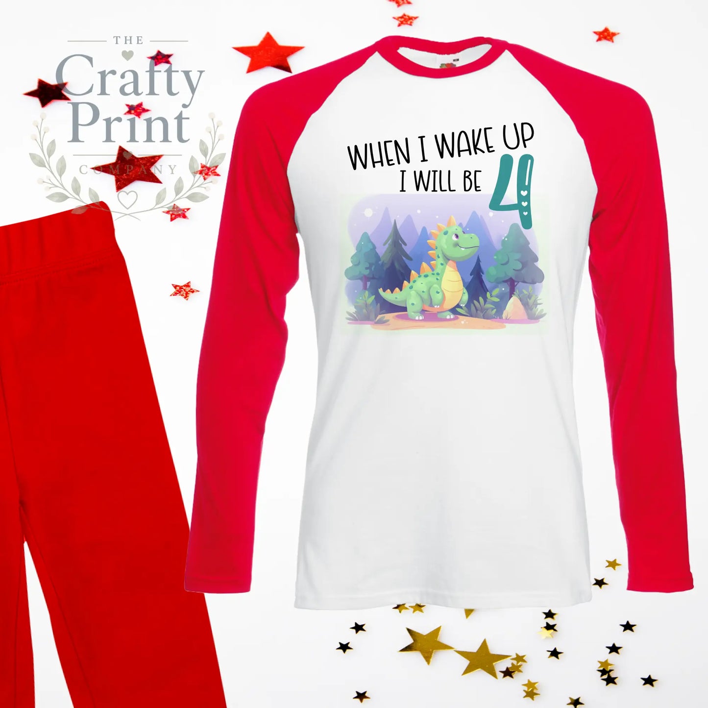 When I wake up will be 4 Dinosaur Birthday Pyjamas Red / 6