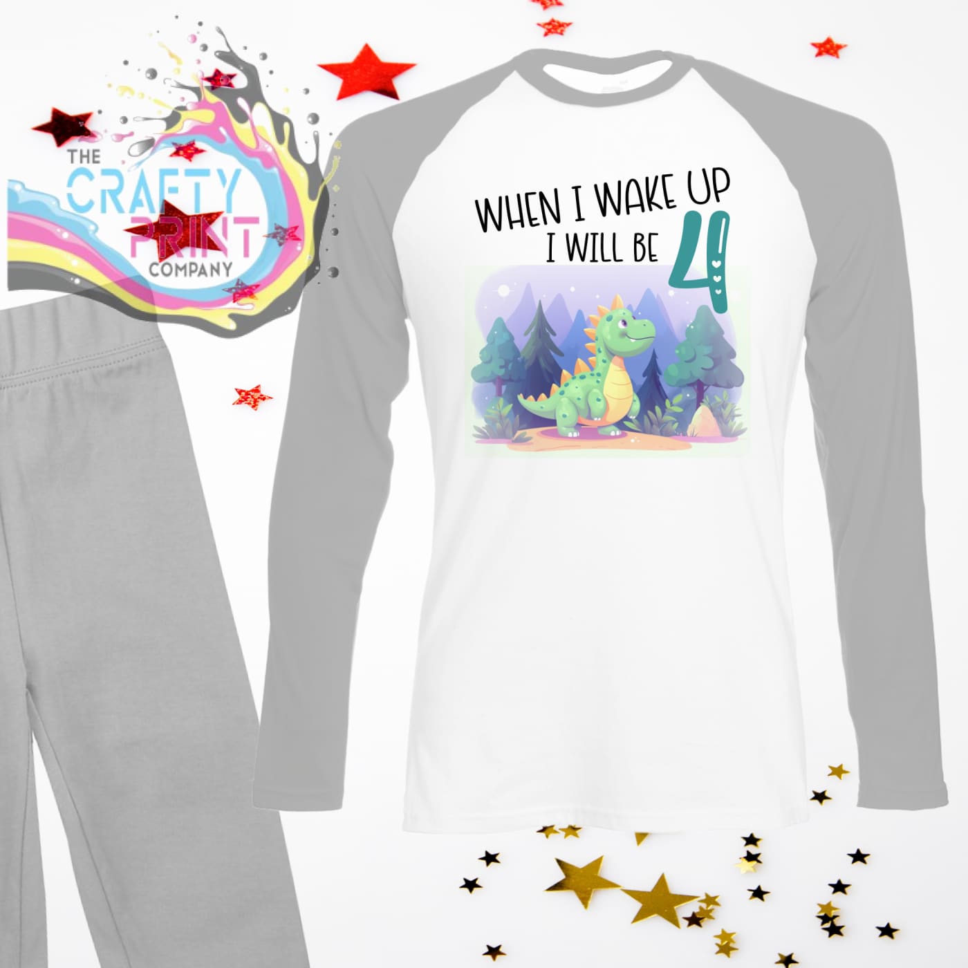 When I wake up will be 4 Dinosaur Birthday Pyjamas Grey / 6