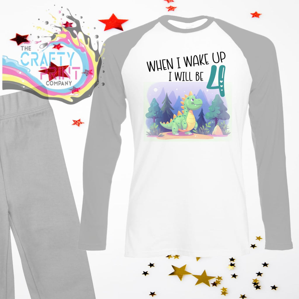 When I wake up will be 4 Dinosaur Birthday Pyjamas - Grey