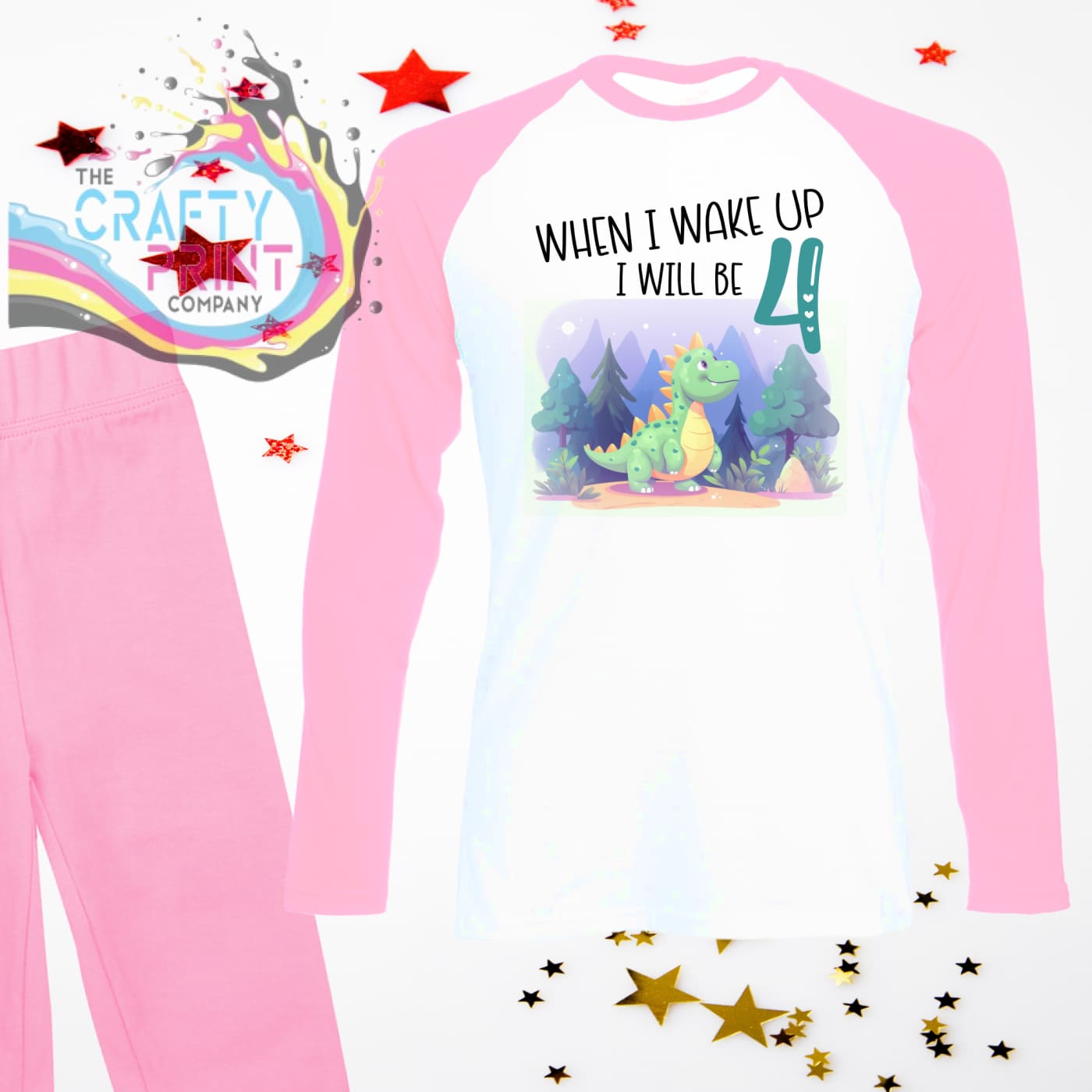 When I wake up will be 4 Dinosaur Birthday Pyjamas Light