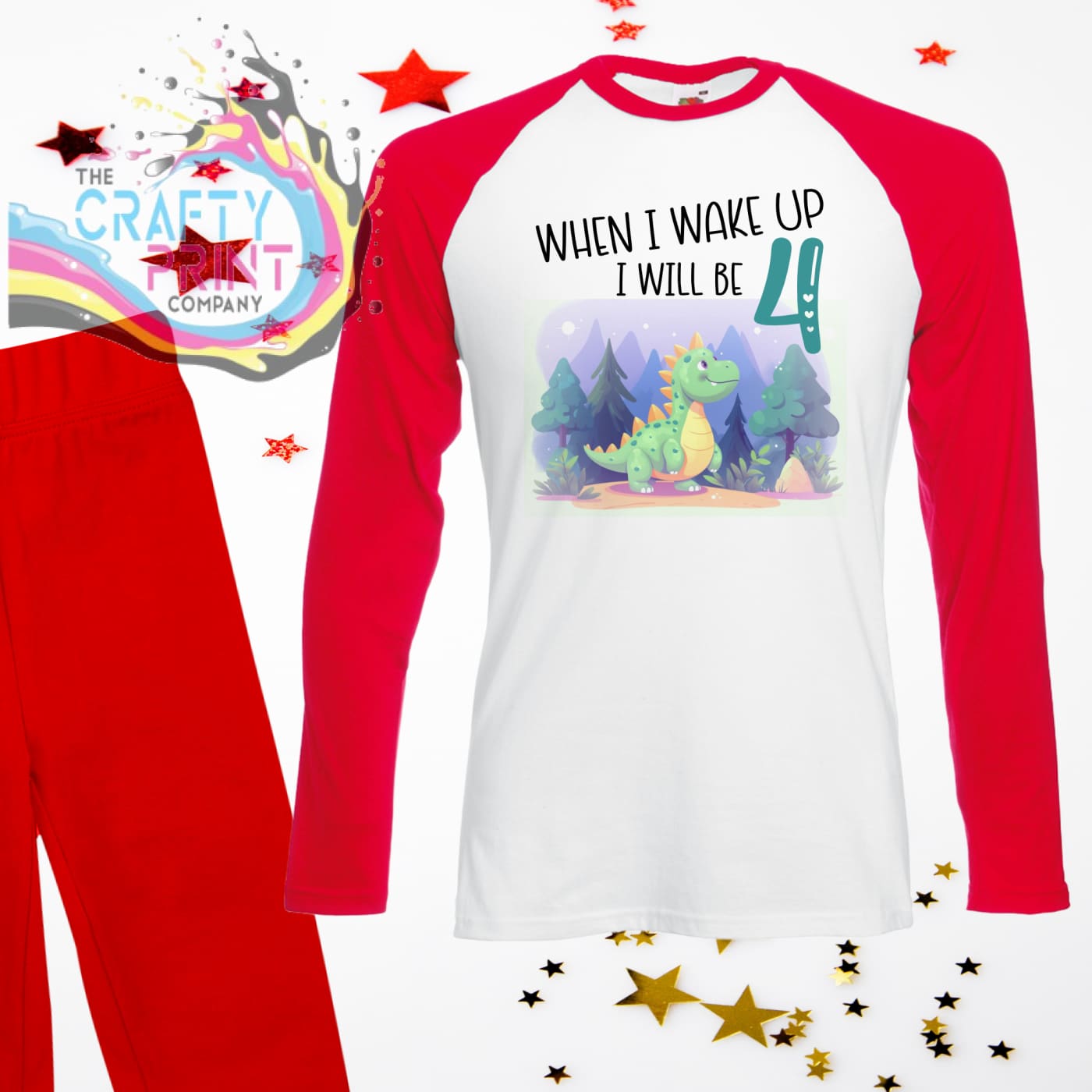 When I wake up will be 4 Dinosaur Birthday Pyjamas Red / 6