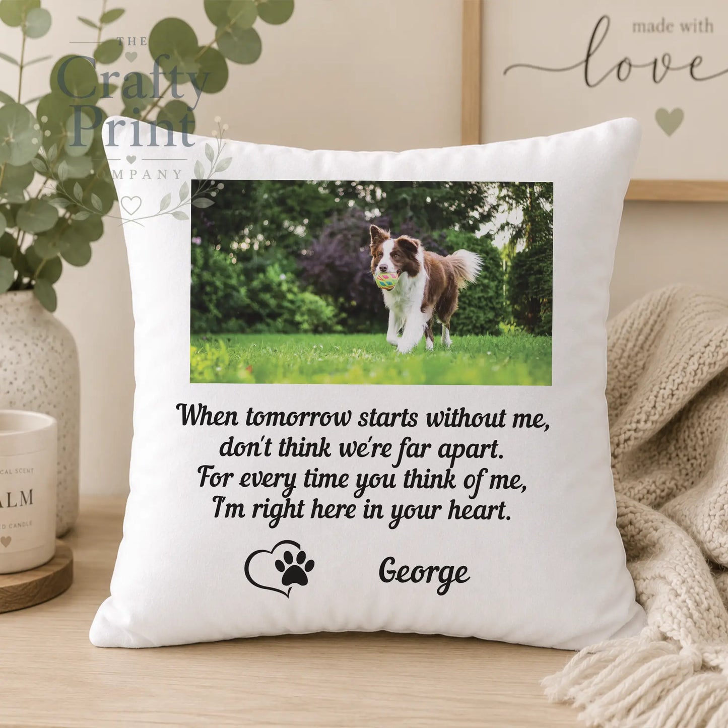 White square cushion cover with printed border collie and heartfelt personalised cushion text on premium sublivelvet